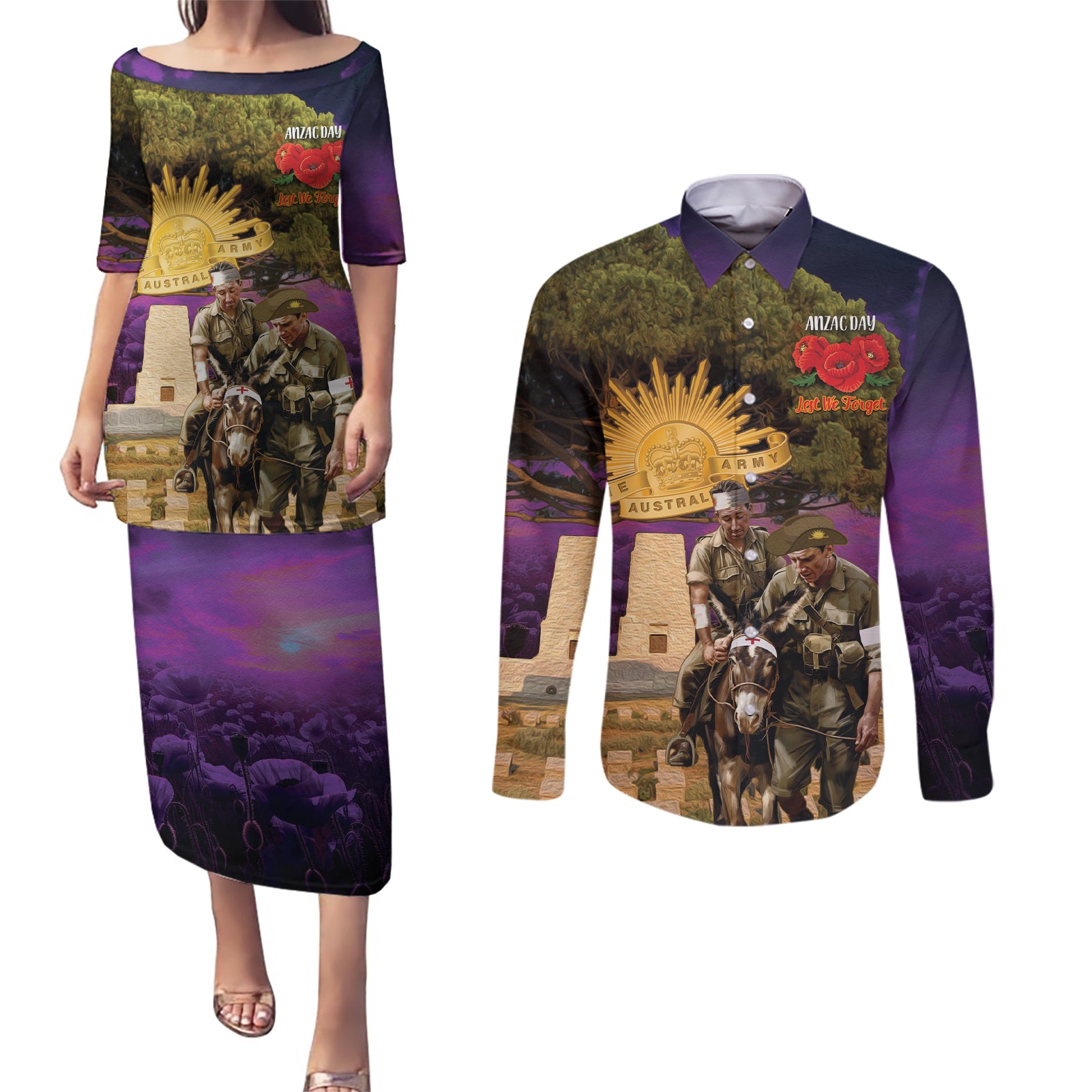 Australia ANZAC Day Couples Matching Puletasi and Long Sleeve Button Shirt Lonesome Pine Australian Army With Donkey
