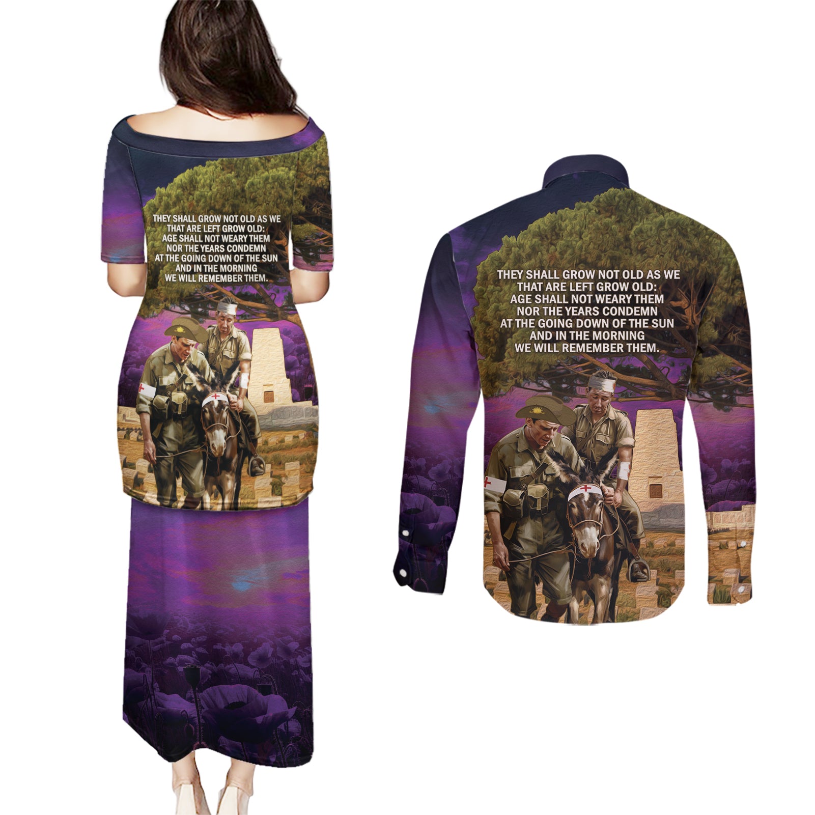 Australia ANZAC Day Couples Matching Puletasi and Long Sleeve Button Shirt Lonesome Pine Australian Army With Donkey