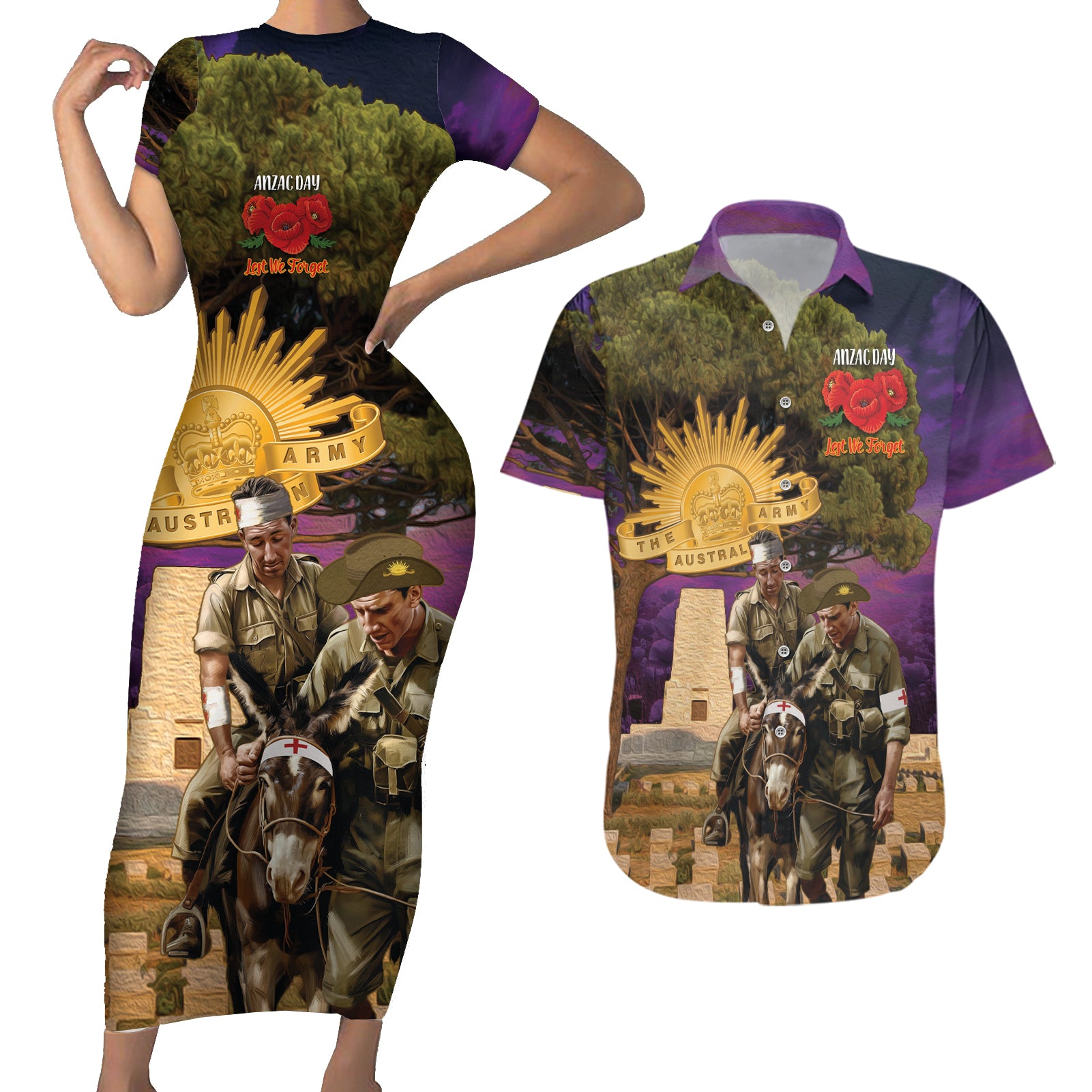 Australia ANZAC Day Couples Matching Short Sleeve Bodycon Dress and Hawaiian Shirt Lonesome Pine Australian Army With Donkey