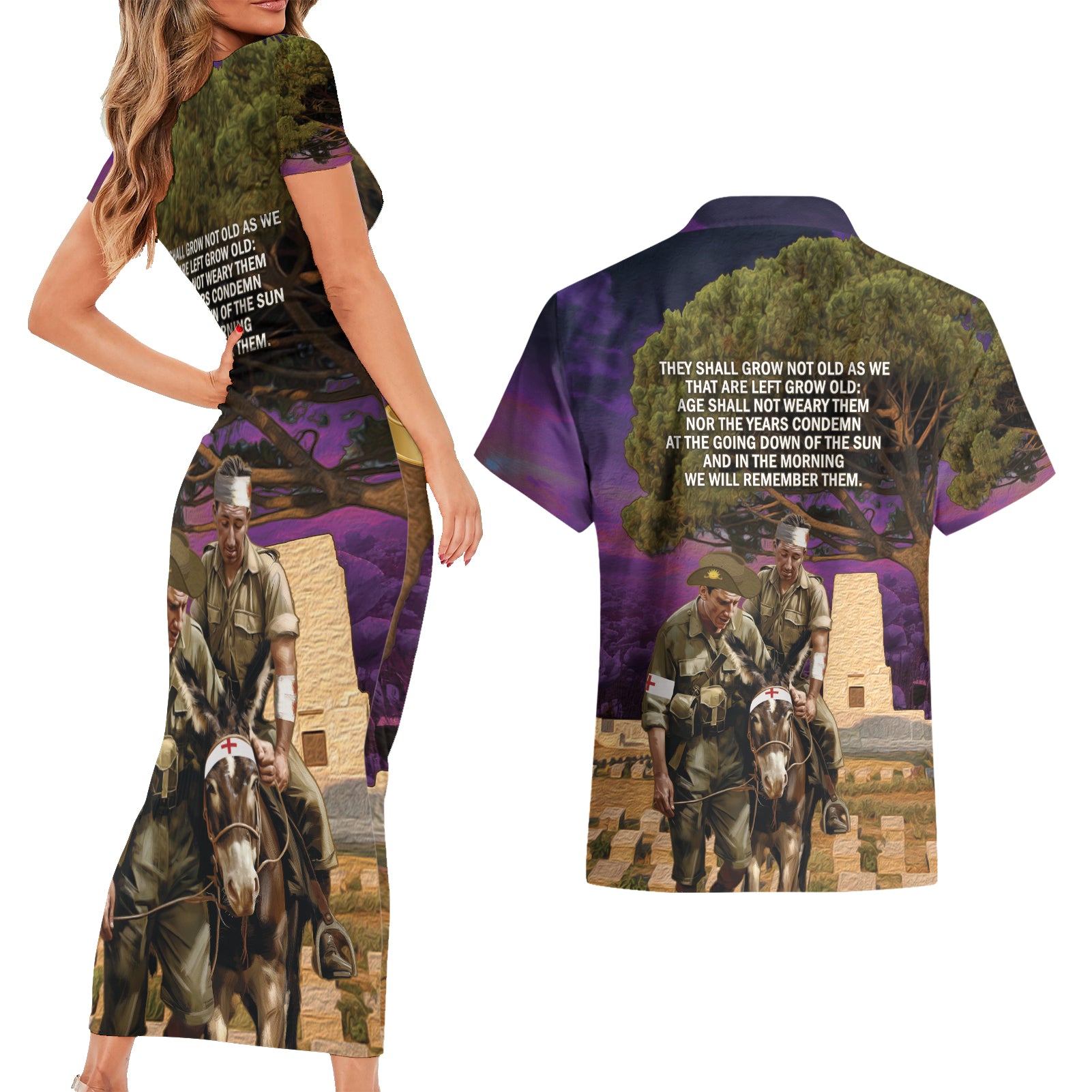Australia ANZAC Day Couples Matching Short Sleeve Bodycon Dress and Hawaiian Shirt Lonesome Pine Australian Army With Donkey