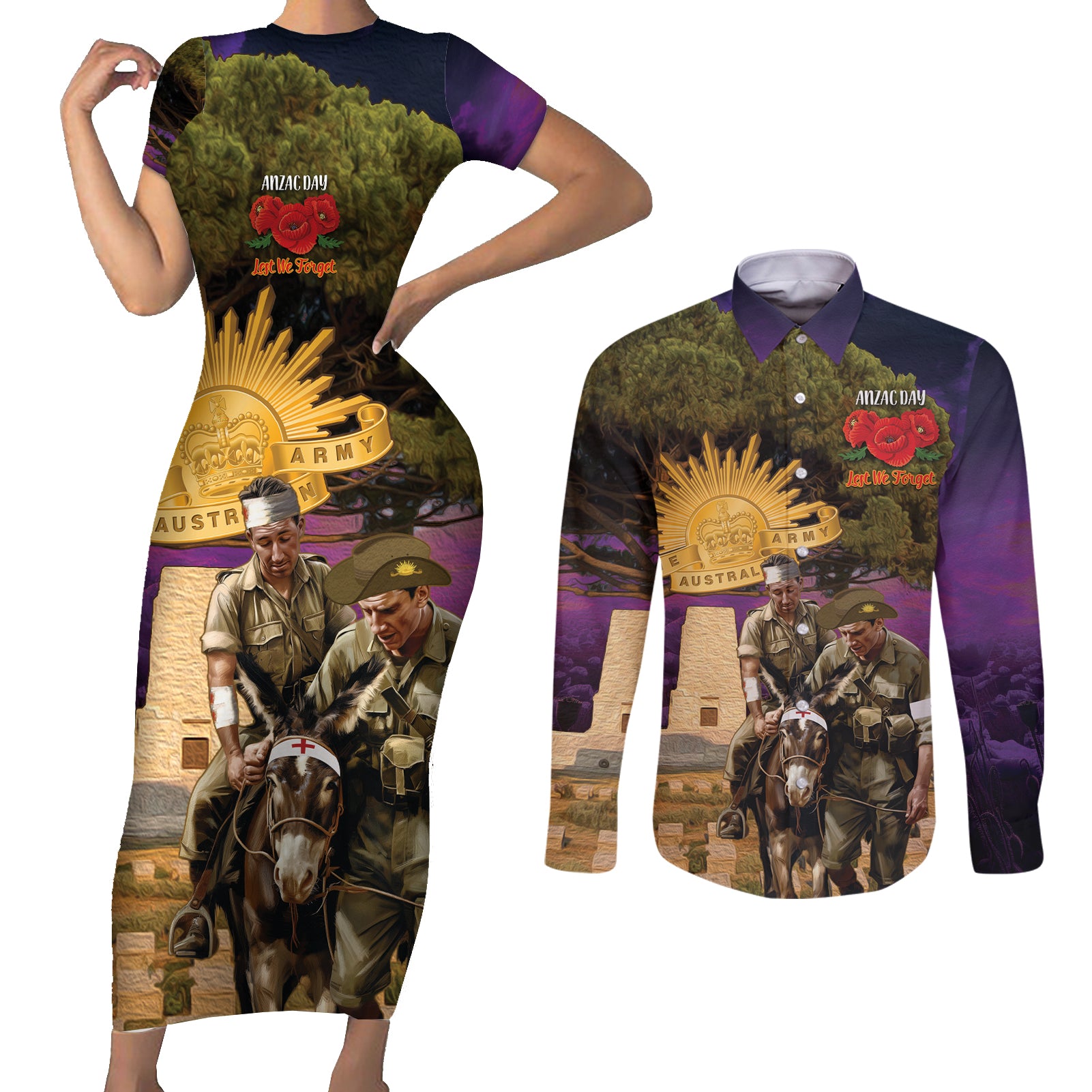 Australia ANZAC Day Couples Matching Short Sleeve Bodycon Dress and Long Sleeve Button Shirt Lonesome Pine Australian Army With Donkey