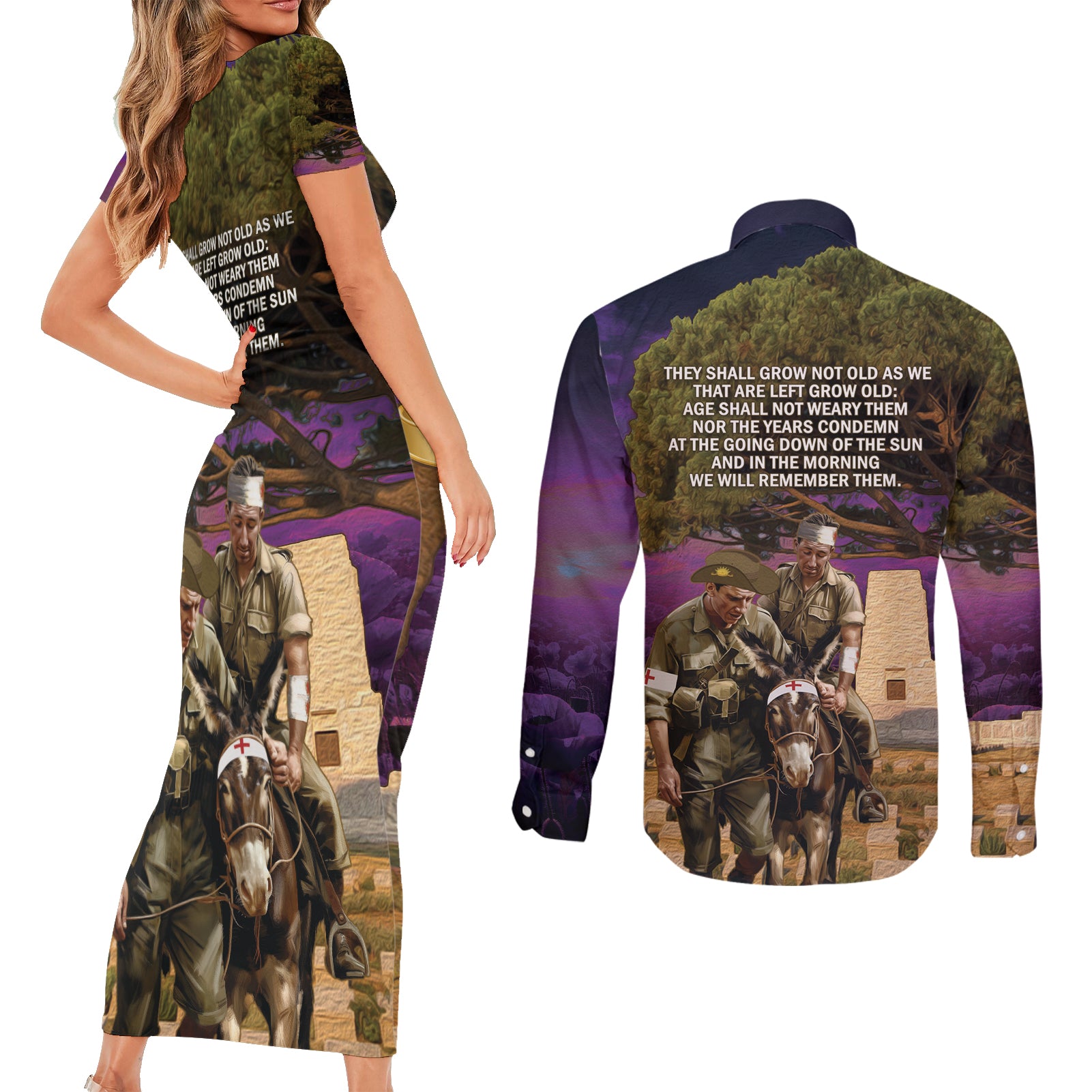 Australia ANZAC Day Couples Matching Short Sleeve Bodycon Dress and Long Sleeve Button Shirt Lonesome Pine Australian Army With Donkey