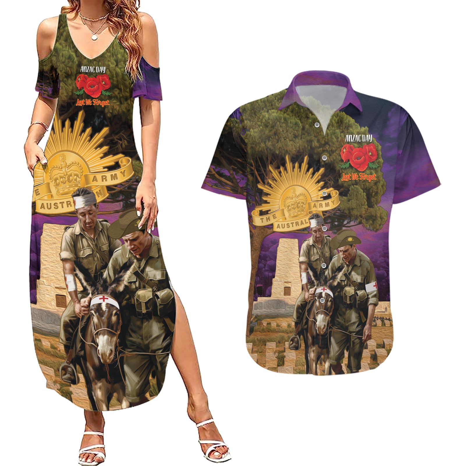 Australia ANZAC Day Couples Matching Summer Maxi Dress and Hawaiian Shirt Lonesome Pine Australian Army With Donkey