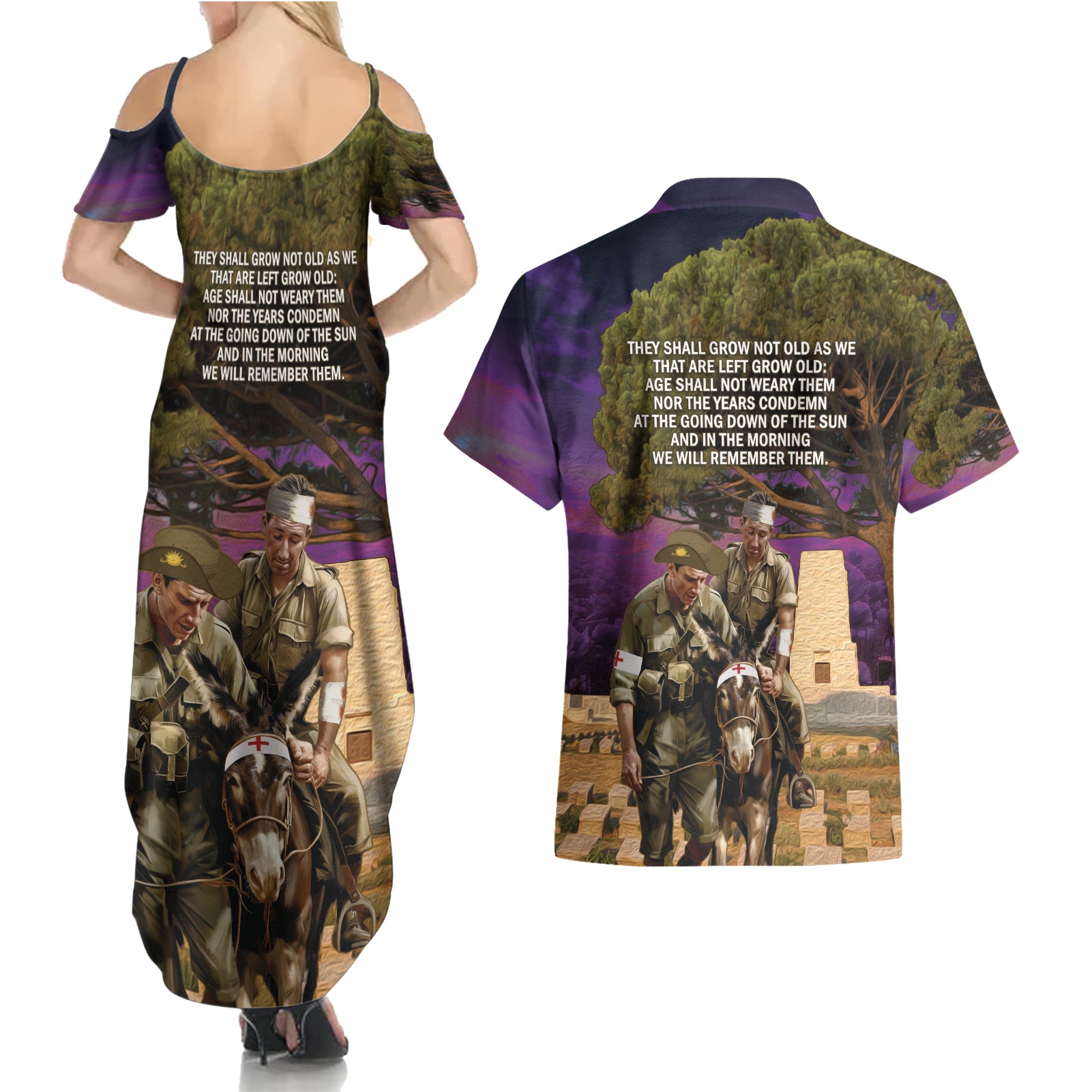 Australia ANZAC Day Couples Matching Summer Maxi Dress and Hawaiian Shirt Lonesome Pine Australian Army With Donkey