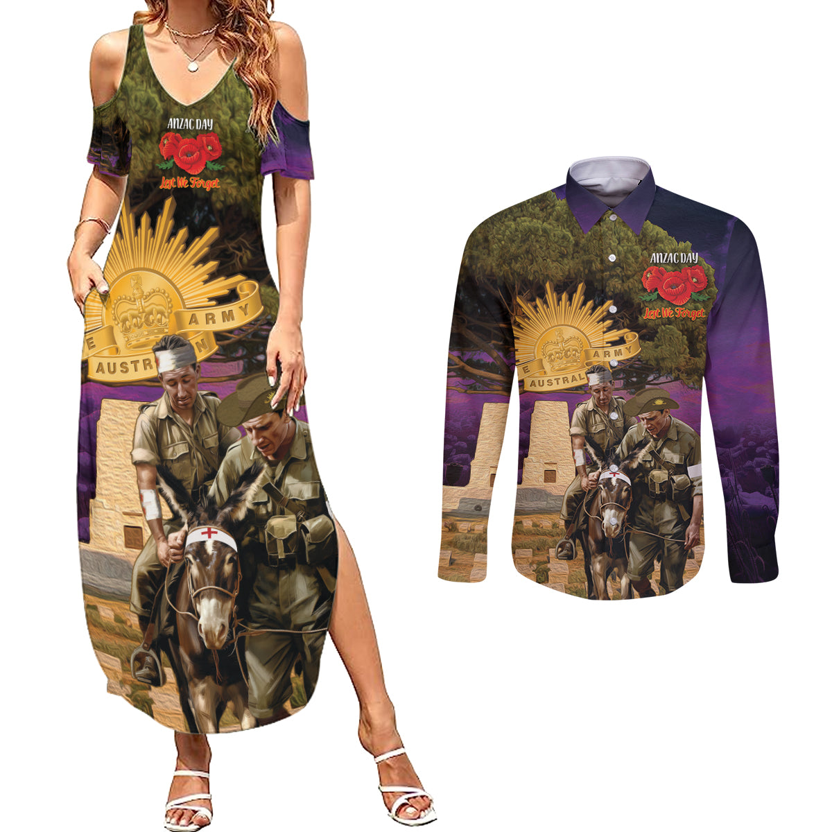 Australia ANZAC Day Couples Matching Summer Maxi Dress and Long Sleeve Button Shirt Lonesome Pine Australian Army With Donkey