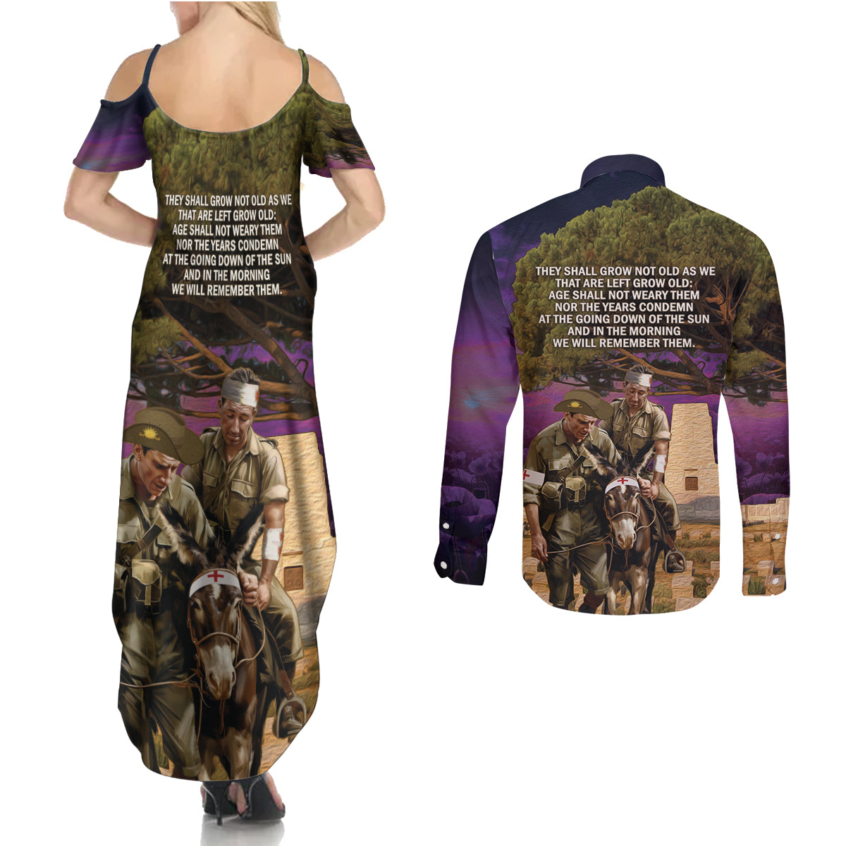 Australia ANZAC Day Couples Matching Summer Maxi Dress and Long Sleeve Button Shirt Lonesome Pine Australian Army With Donkey