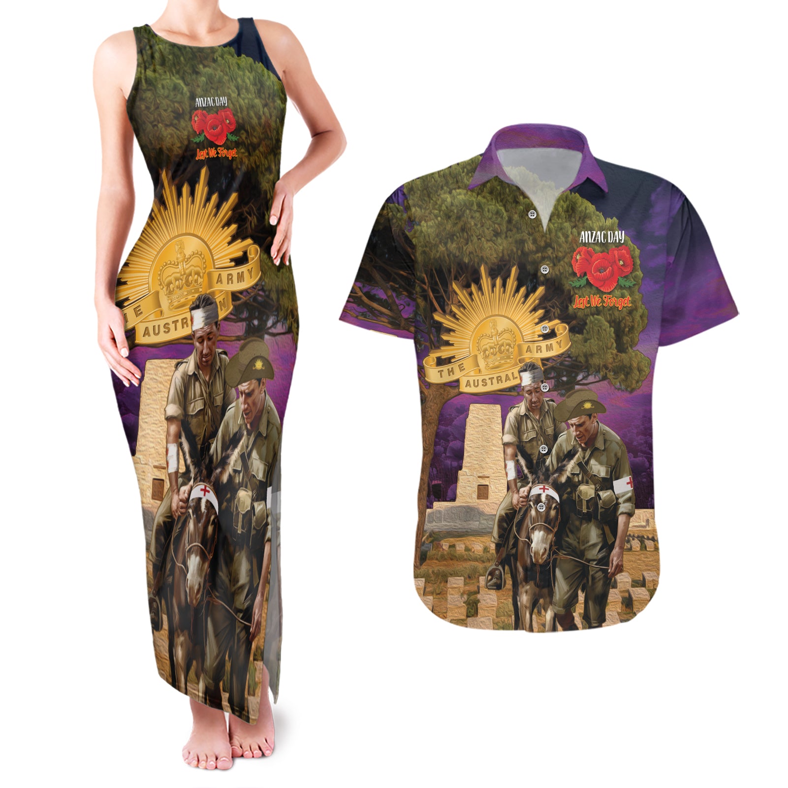 Australia ANZAC Day Couples Matching Tank Maxi Dress and Hawaiian Shirt Lonesome Pine Australian Army With Donkey
