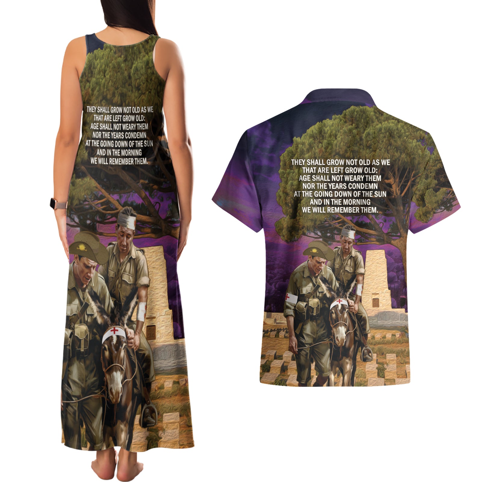 Australia ANZAC Day Couples Matching Tank Maxi Dress and Hawaiian Shirt Lonesome Pine Australian Army With Donkey