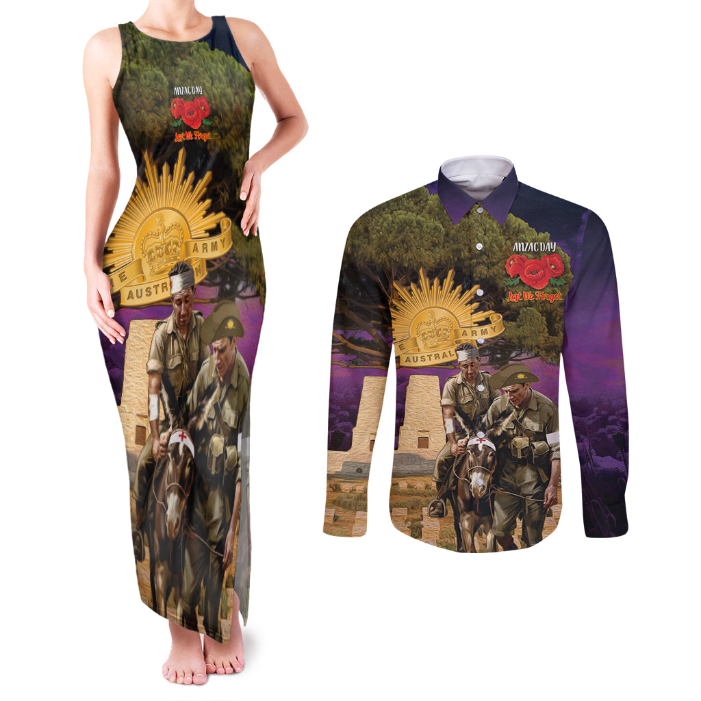 Australia ANZAC Day Couples Matching Tank Maxi Dress and Long Sleeve Button Shirt Lonesome Pine Australian Army With Donkey