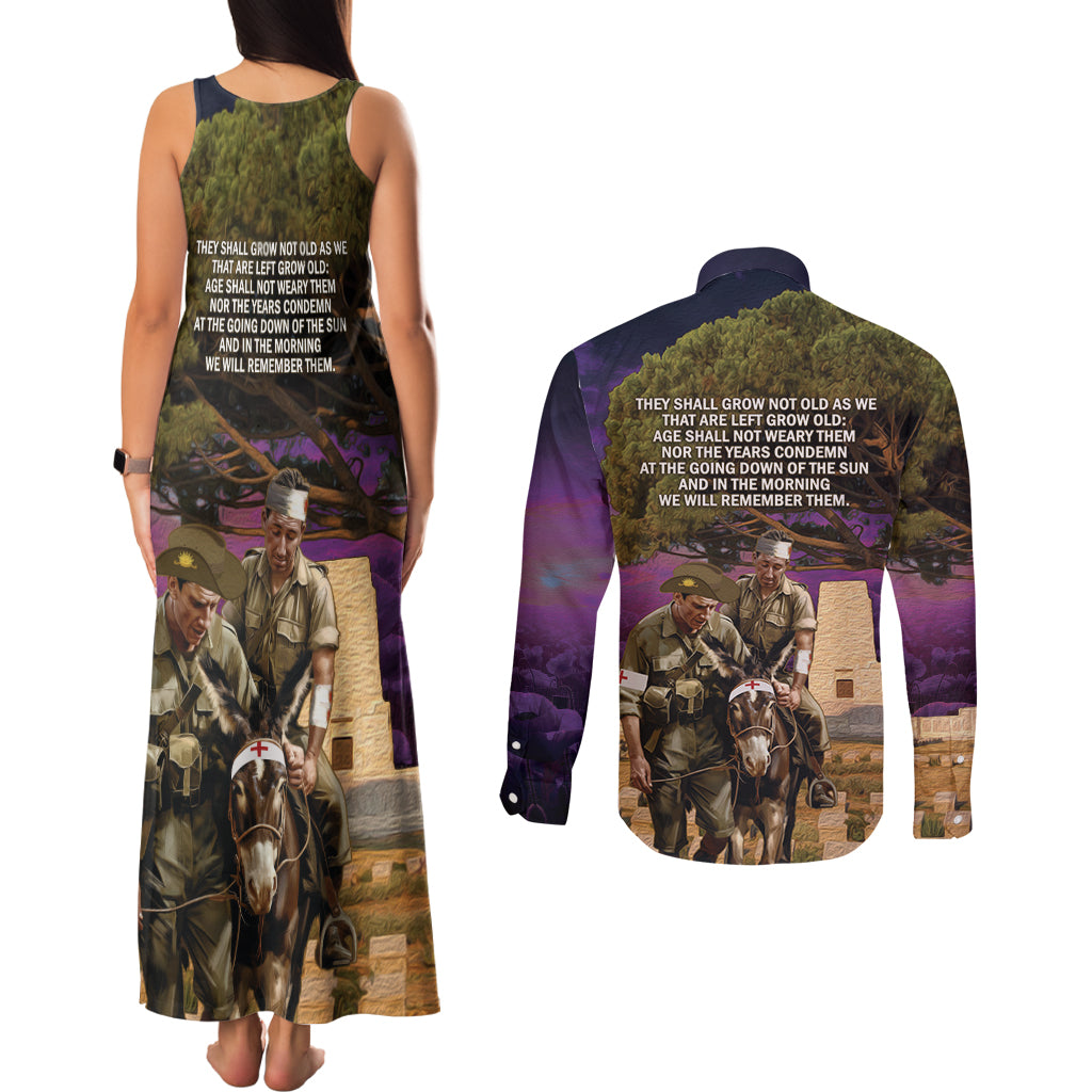 Australia ANZAC Day Couples Matching Tank Maxi Dress and Long Sleeve Button Shirt Lonesome Pine Australian Army With Donkey