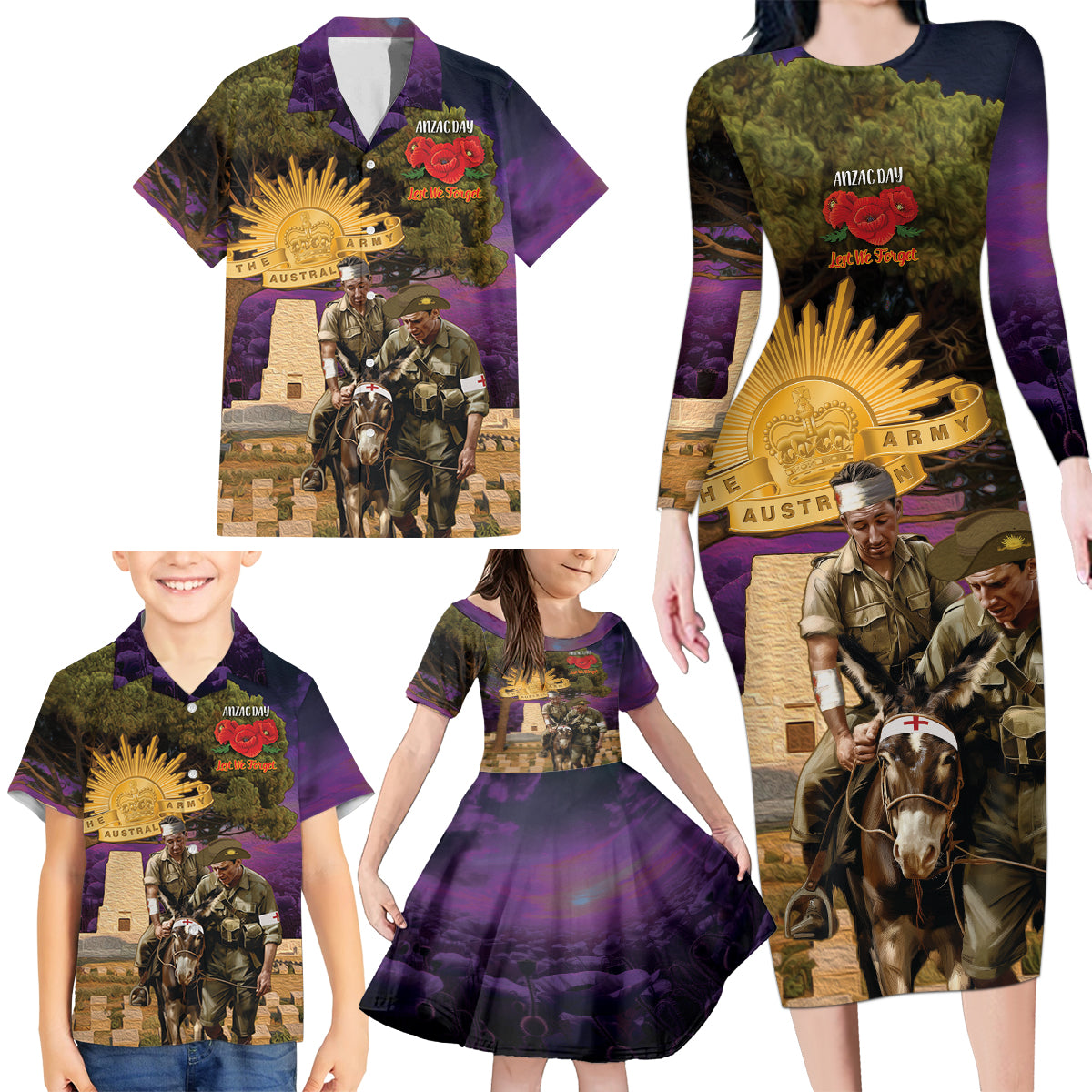 Australia ANZAC Day Family Matching Long Sleeve Bodycon Dress and Hawaiian Shirt Lonesome Pine Australian Army With Donkey