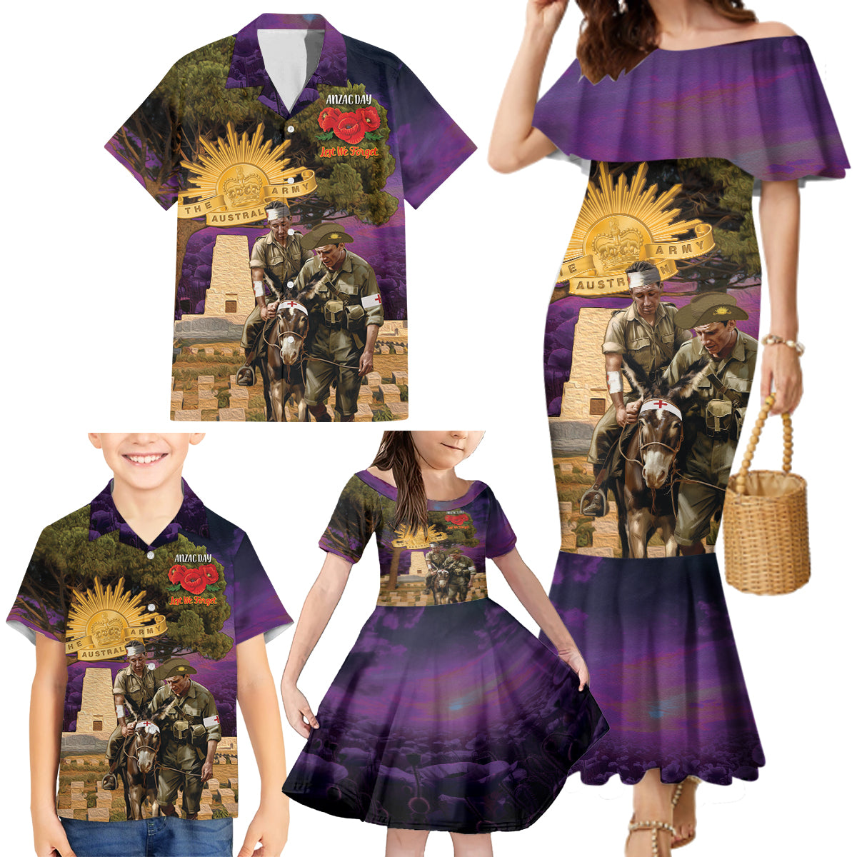 Australia ANZAC Day Family Matching Mermaid Dress and Hawaiian Shirt Lonesome Pine Australian Army With Donkey