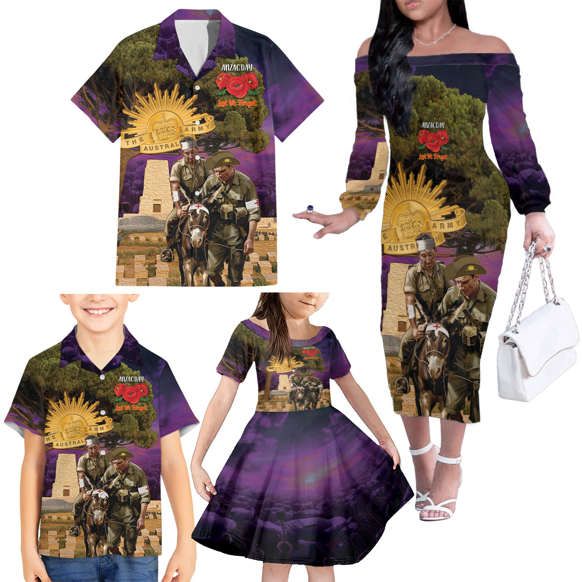 Australia ANZAC Day Family Matching Off The Shoulder Long Sleeve Dress and Hawaiian Shirt Lonesome Pine Australian Army With Donkey