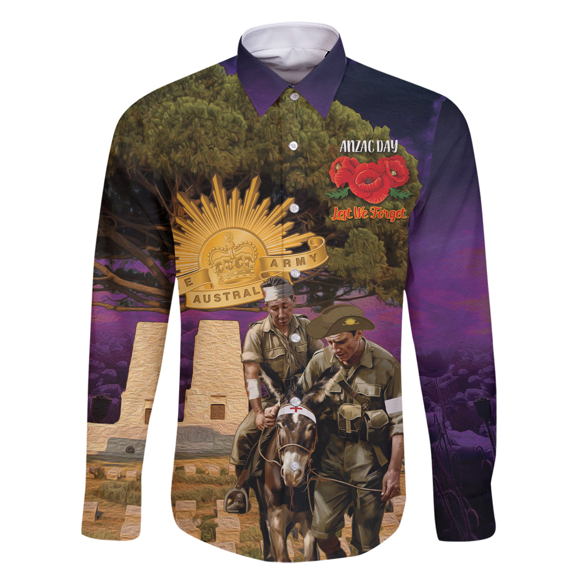 Australia ANZAC Day Family Matching Off The Shoulder Long Sleeve Dress and Hawaiian Shirt Lonesome Pine Australian Army With Donkey