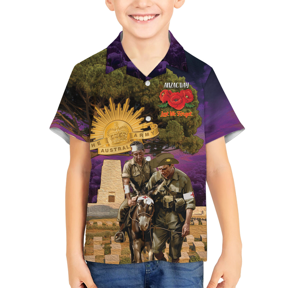 Australia ANZAC Day Family Matching Off The Shoulder Long Sleeve Dress and Hawaiian Shirt Lonesome Pine Australian Army With Donkey