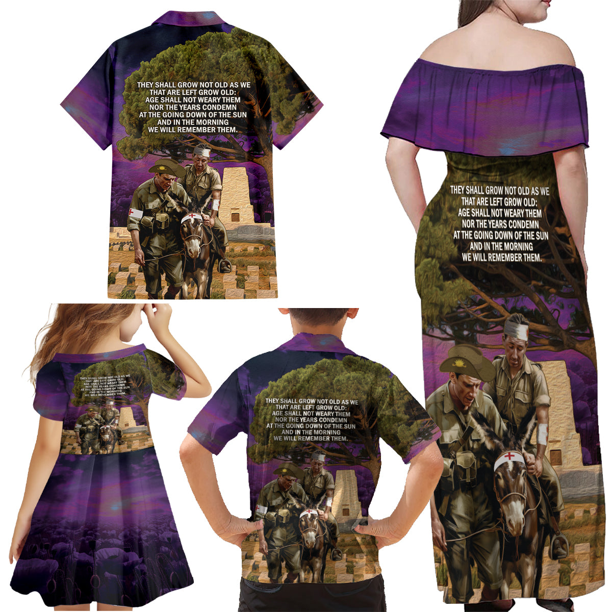 Australia ANZAC Day Family Matching Off Shoulder Maxi Dress and Hawaiian Shirt Lonesome Pine Australian Army With Donkey