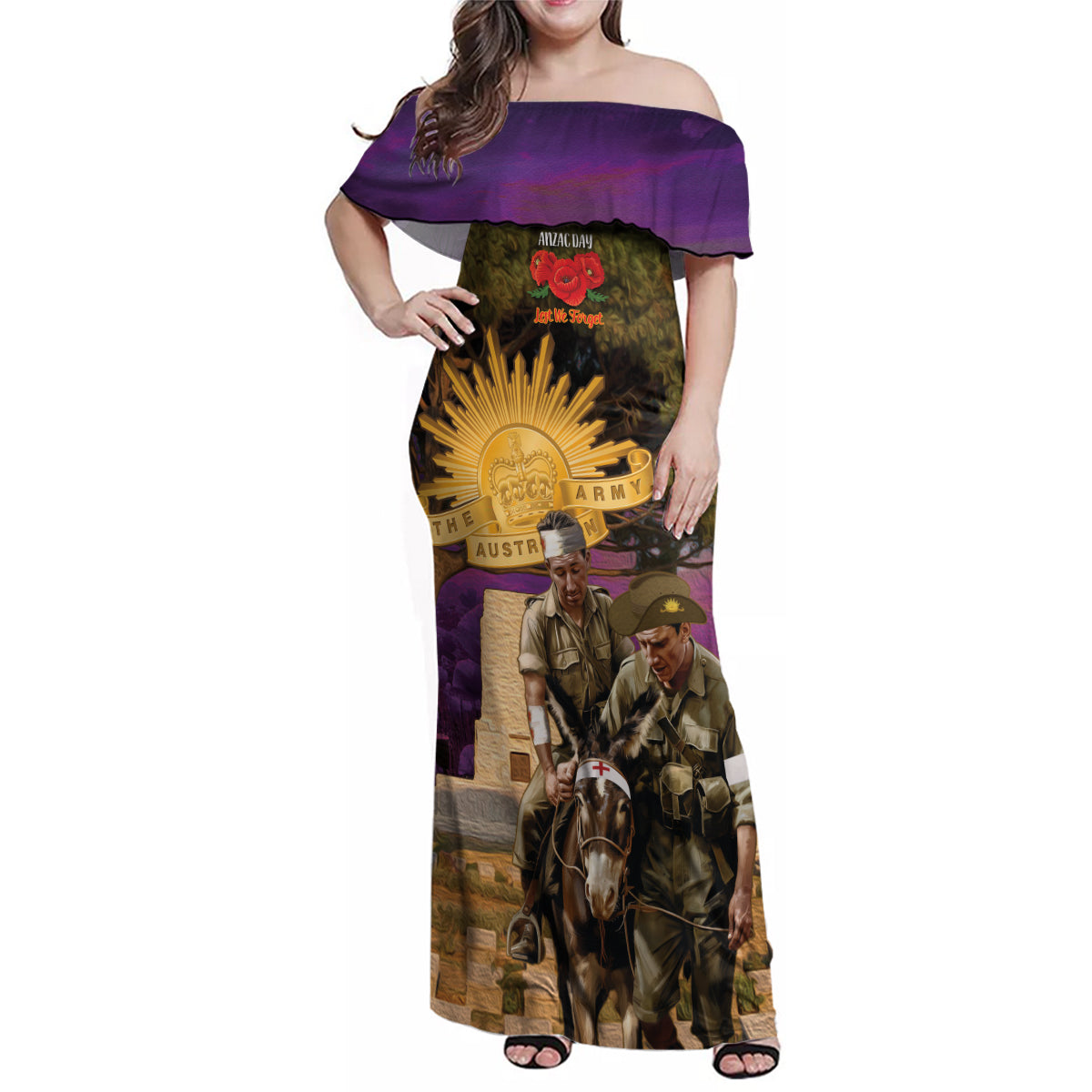 Australia ANZAC Day Family Matching Off Shoulder Maxi Dress and Hawaiian Shirt Lonesome Pine Australian Army With Donkey