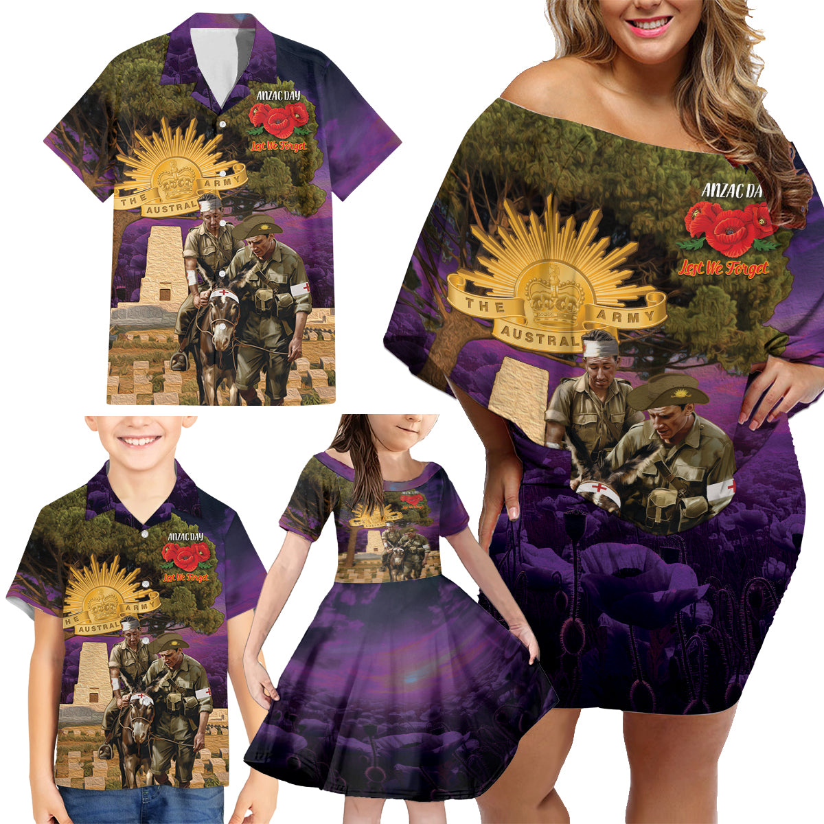 Australia ANZAC Day Family Matching Off Shoulder Short Dress and Hawaiian Shirt Lonesome Pine Australian Army With Donkey