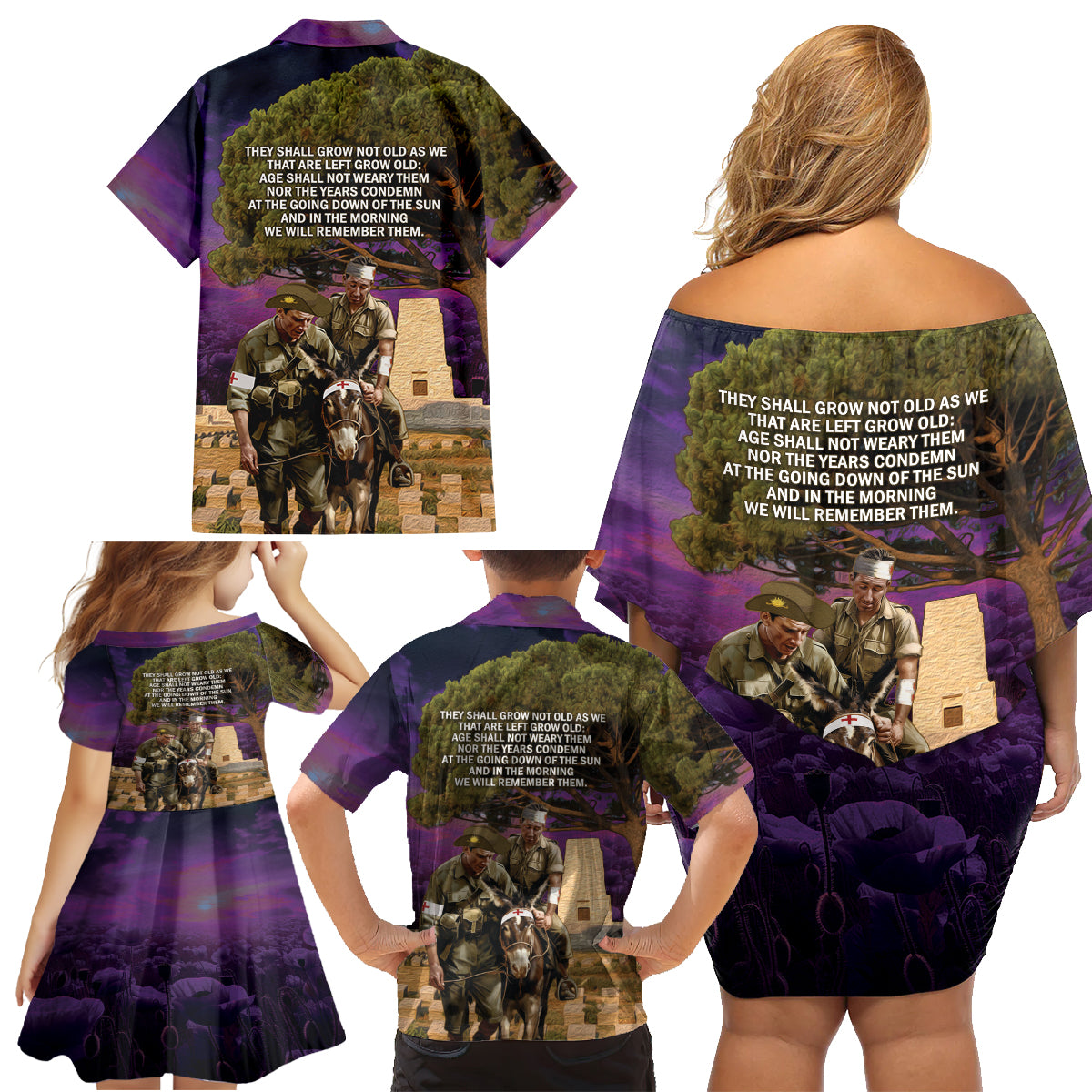 Australia ANZAC Day Family Matching Off Shoulder Short Dress and Hawaiian Shirt Lonesome Pine Australian Army With Donkey