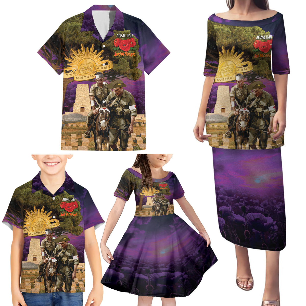 Australia ANZAC Day Family Matching Puletasi and Hawaiian Shirt Lonesome Pine Australian Army With Donkey