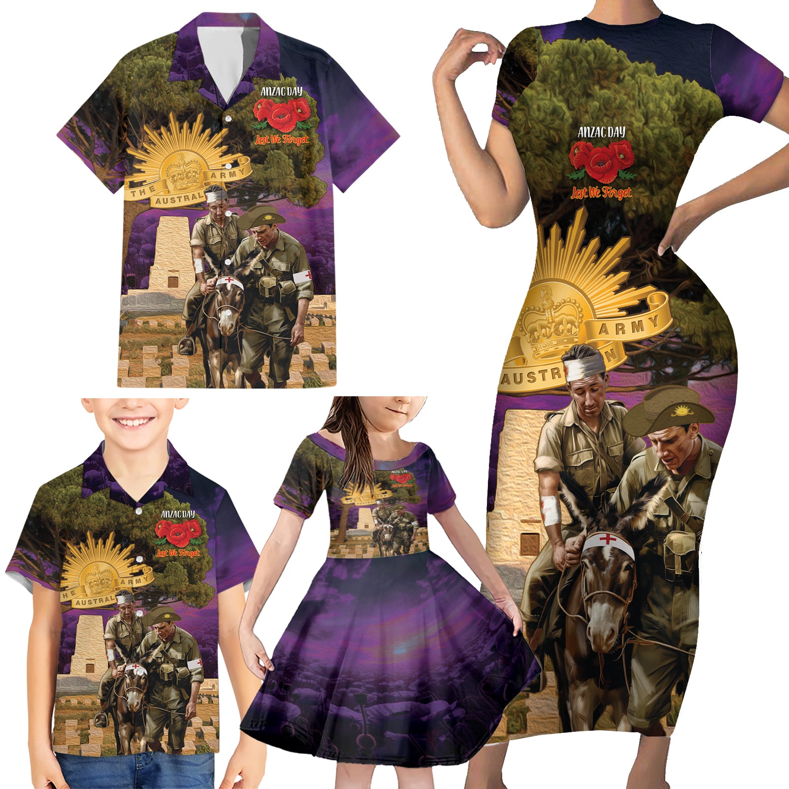 Australia ANZAC Day Family Matching Short Sleeve Bodycon Dress and Hawaiian Shirt Lonesome Pine Australian Army With Donkey