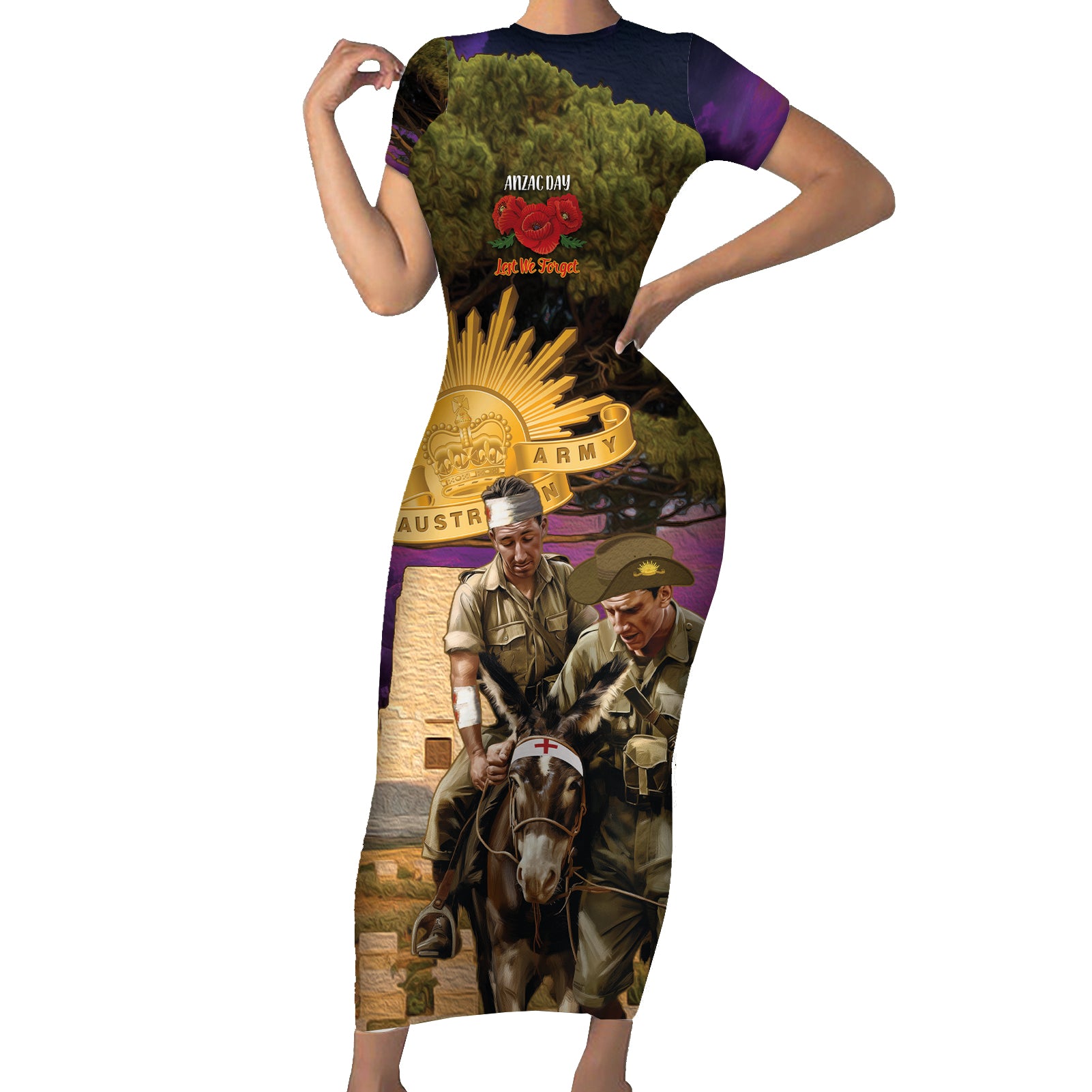 Australia ANZAC Day Family Matching Short Sleeve Bodycon Dress and Hawaiian Shirt Lonesome Pine Australian Army With Donkey