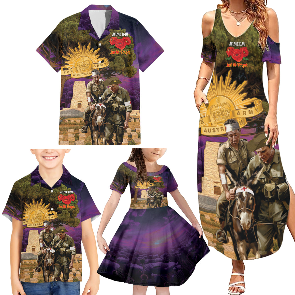 Australia ANZAC Day Family Matching Summer Maxi Dress and Hawaiian Shirt Lonesome Pine Australian Army With Donkey