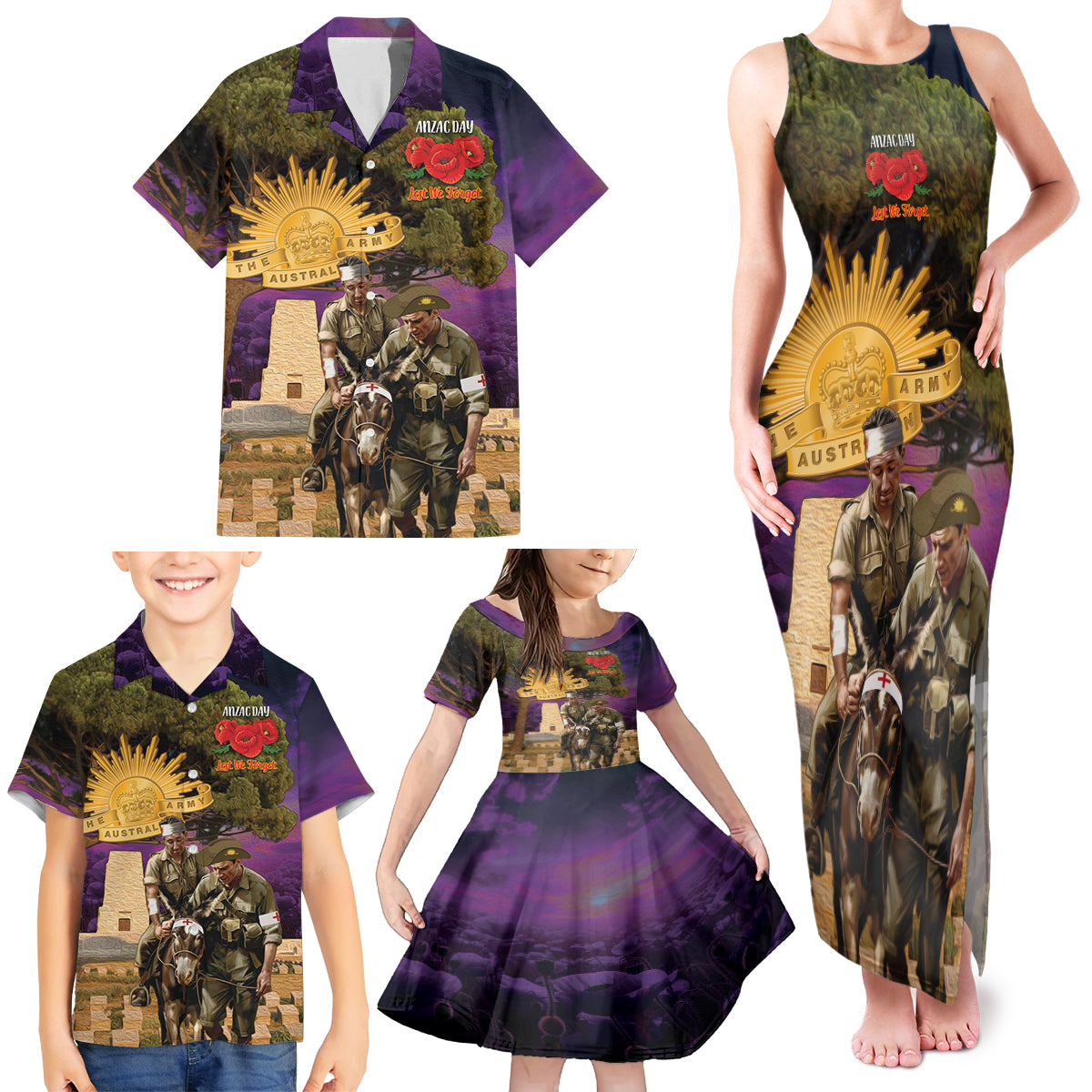 Australia ANZAC Day Family Matching Tank Maxi Dress and Hawaiian Shirt Lonesome Pine Australian Army With Donkey
