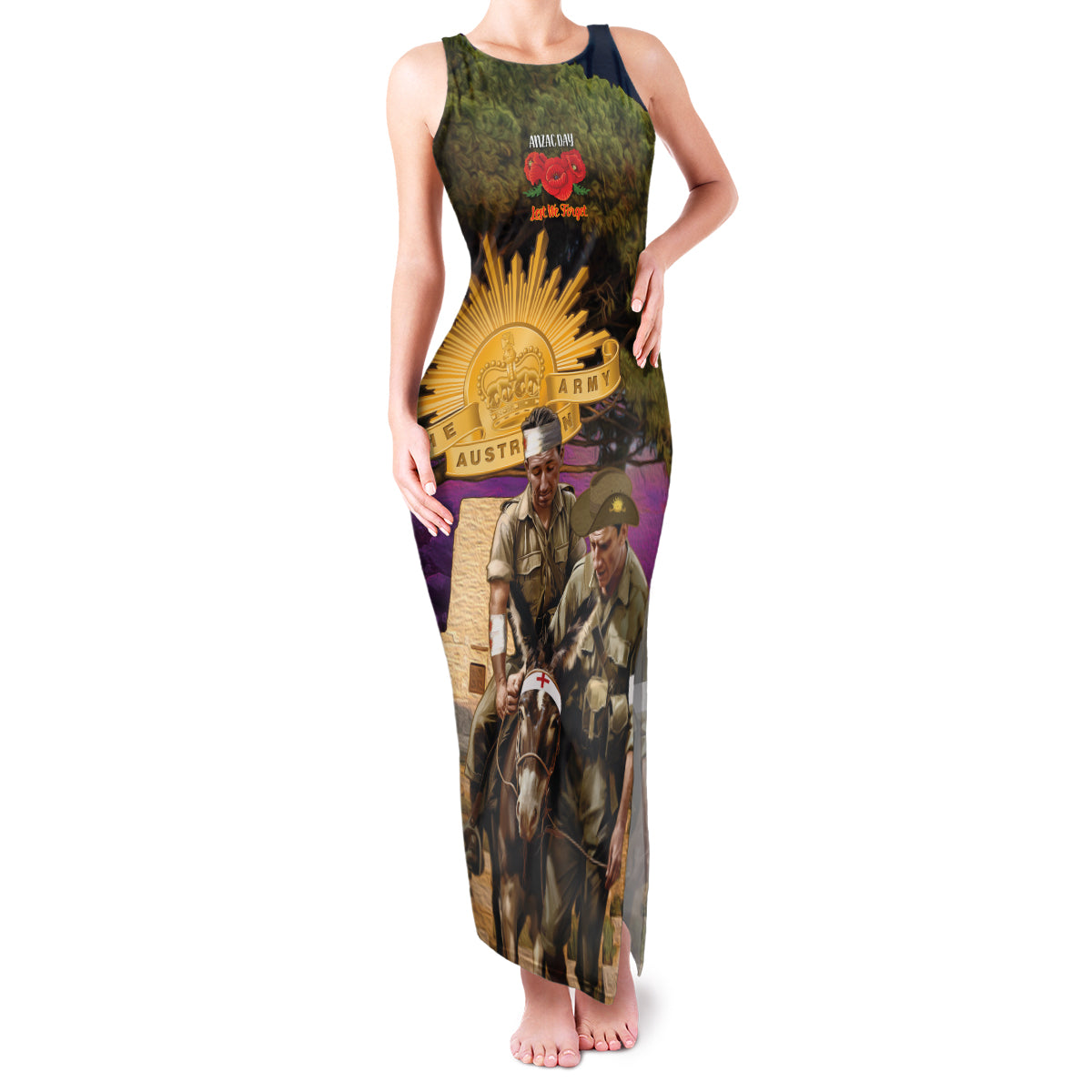 Australia ANZAC Day Family Matching Tank Maxi Dress and Hawaiian Shirt Lonesome Pine Australian Army With Donkey