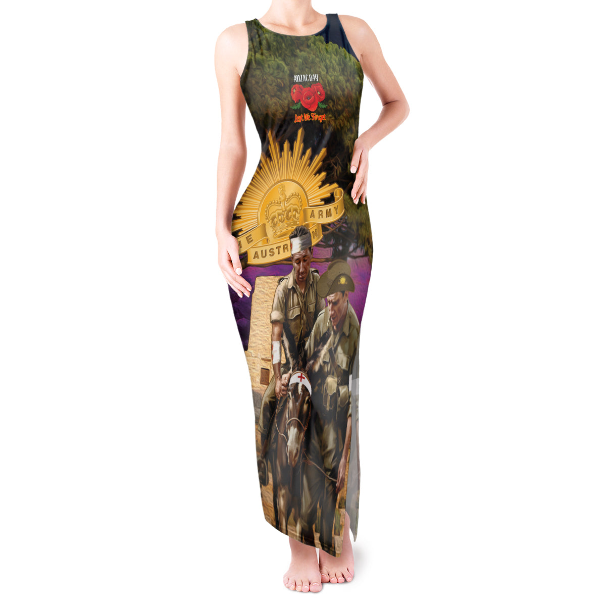 Australia ANZAC Day Tank Maxi Dress Lonesome Pine Australian Army With Donkey