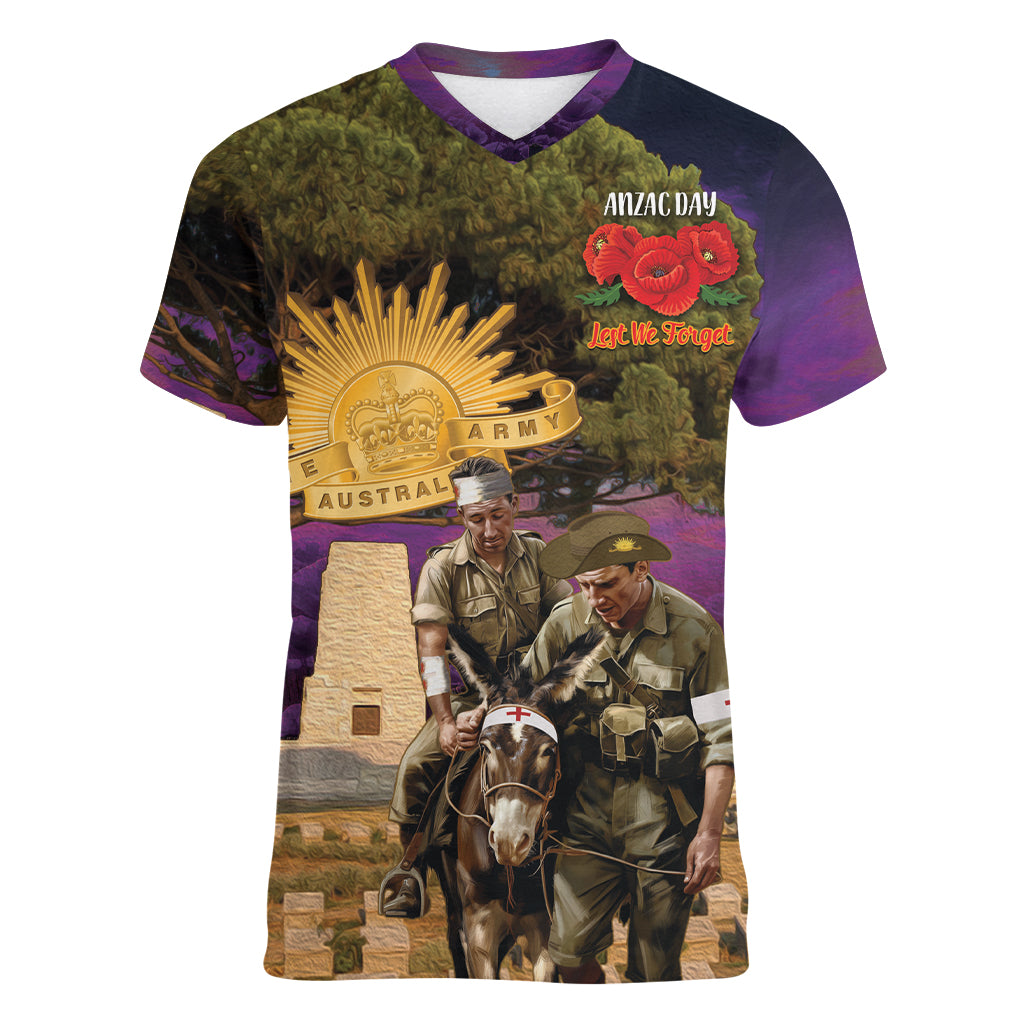 Australia ANZAC Day Women V Neck T Shirt Lonesome Pine Australian Army With Donkey - Vibe Hoodie Shop