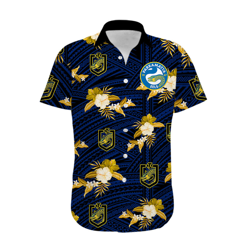 (Custom Text And Number) Parramatta Eels Rugby Hawaiian Shirt Polynesian Tribal Mix Tropical Hawaiian Style - Vibe Hoodie Shop