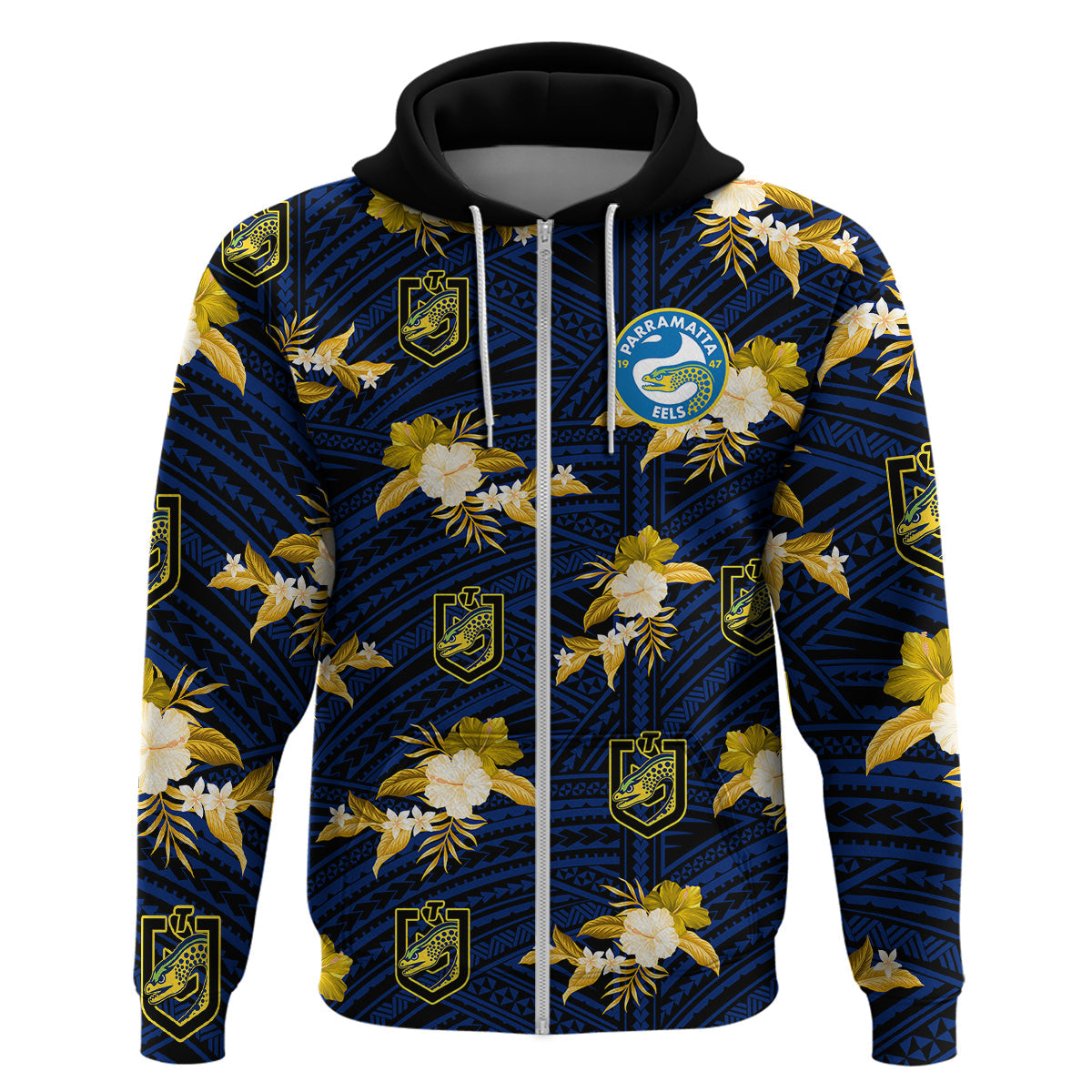 (Custom Text And Number) Parramatta Eels Rugby Hoodie Polynesian Tribal Mix Tropical Hawaiian Style - Vibe Hoodie Shop