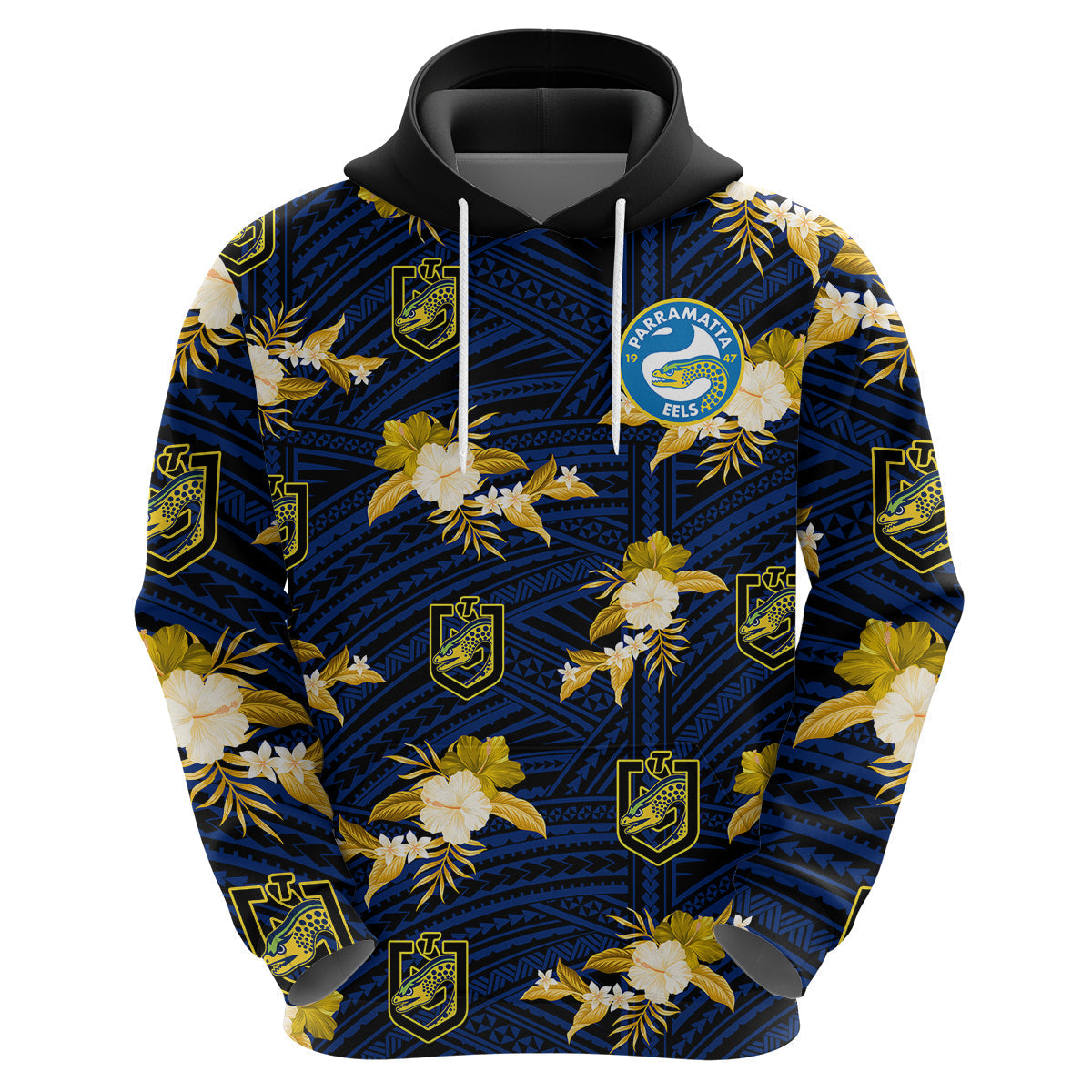 (Custom Text And Number) Parramatta Eels Rugby Hoodie Polynesian Tribal Mix Tropical Hawaiian Style - Vibe Hoodie Shop