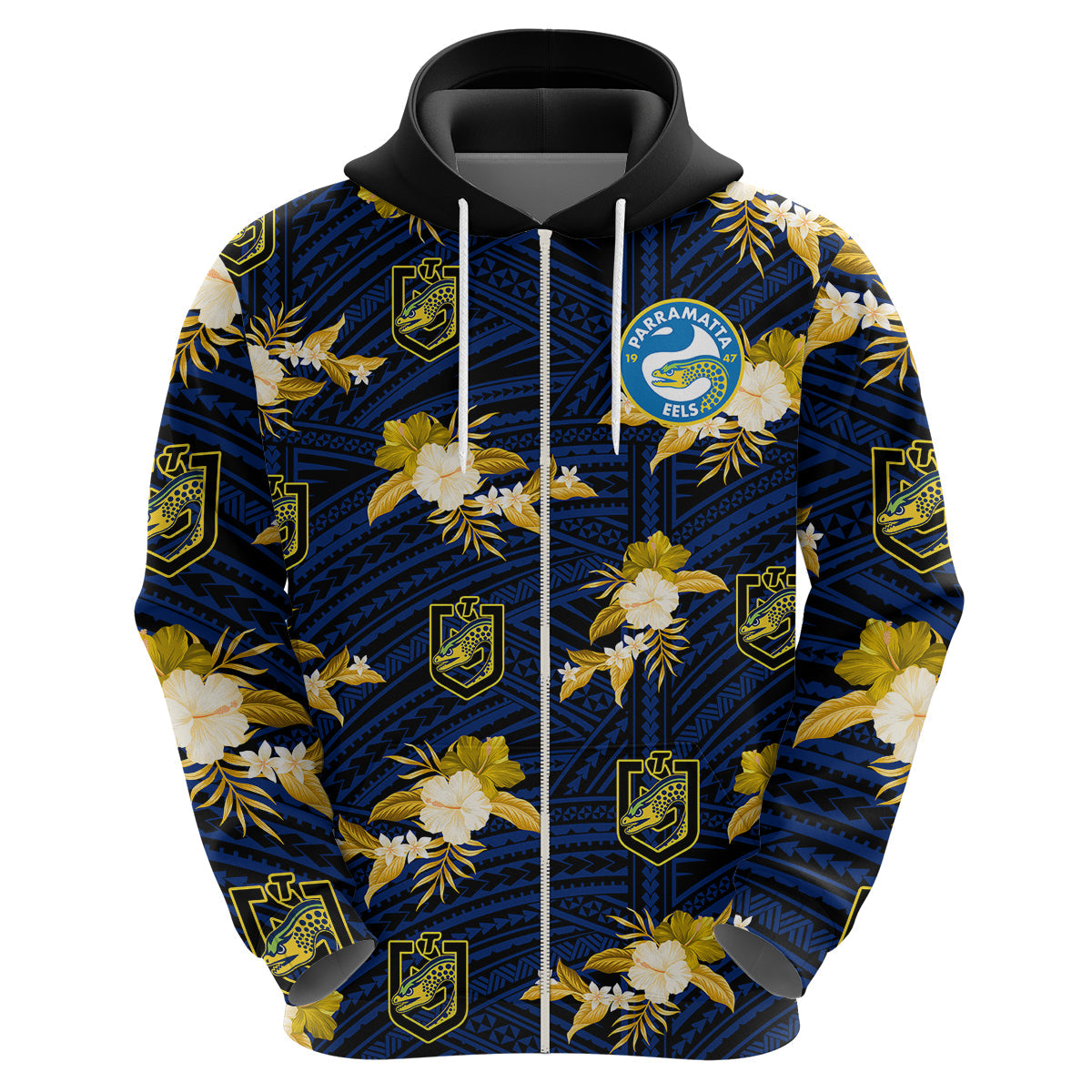 (Custom Text And Number) Parramatta Eels Rugby Hoodie Polynesian Tribal Mix Tropical Hawaiian Style - Vibe Hoodie Shop