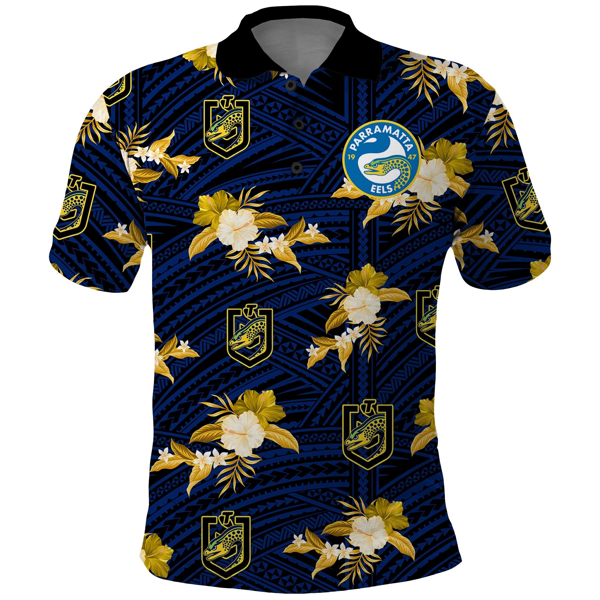 (Custom Text And Number) Parramatta Eels Rugby Polo Shirt Polynesian Tribal Mix Tropical Hawaiian Style - Vibe Hoodie Shop