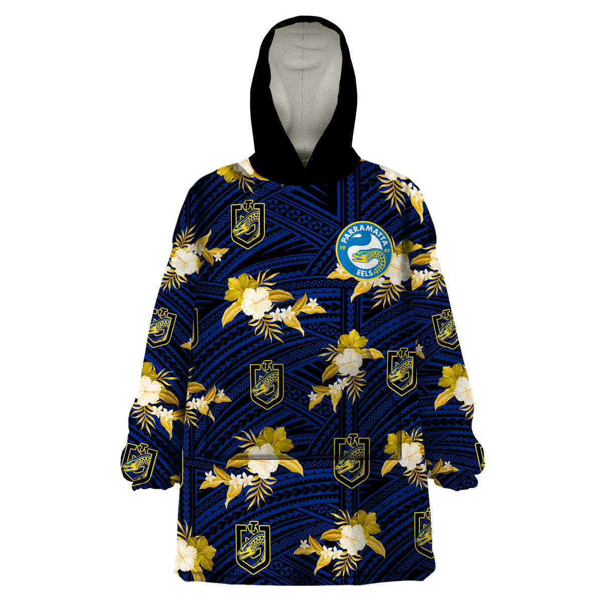 (Custom Text And Number) Parramatta Eels Rugby Wearable Blanket Hoodie Polynesian Tribal Mix Tropical Hawaiian Style - Vibe Hoodie Shop