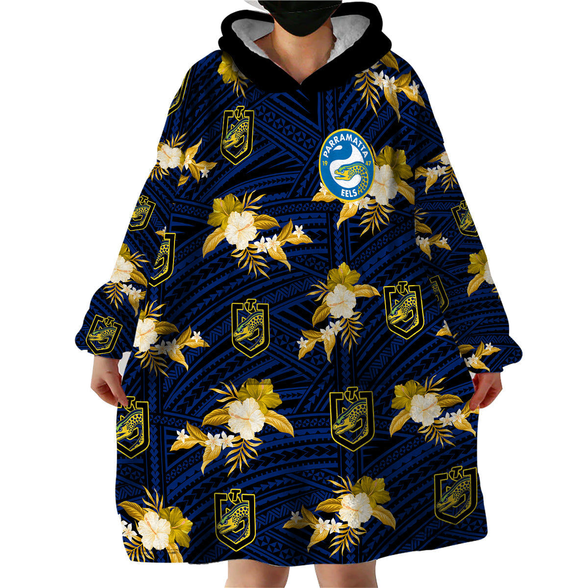 (Custom Text And Number) Parramatta Eels Rugby Wearable Blanket Hoodie Polynesian Tribal Mix Tropical Hawaiian Style - Vibe Hoodie Shop