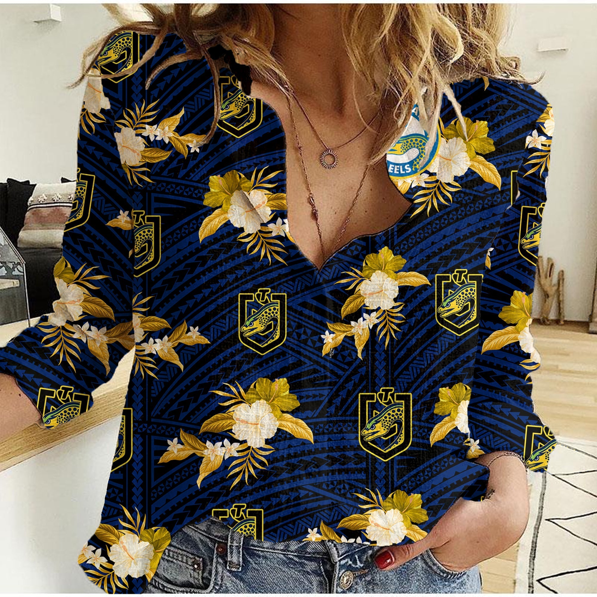 (Custom Text And Number) Parramatta Eels Rugby Women Casual Shirt Polynesian Tribal Mix Tropical Hawaiian Style - Vibe Hoodie Shop