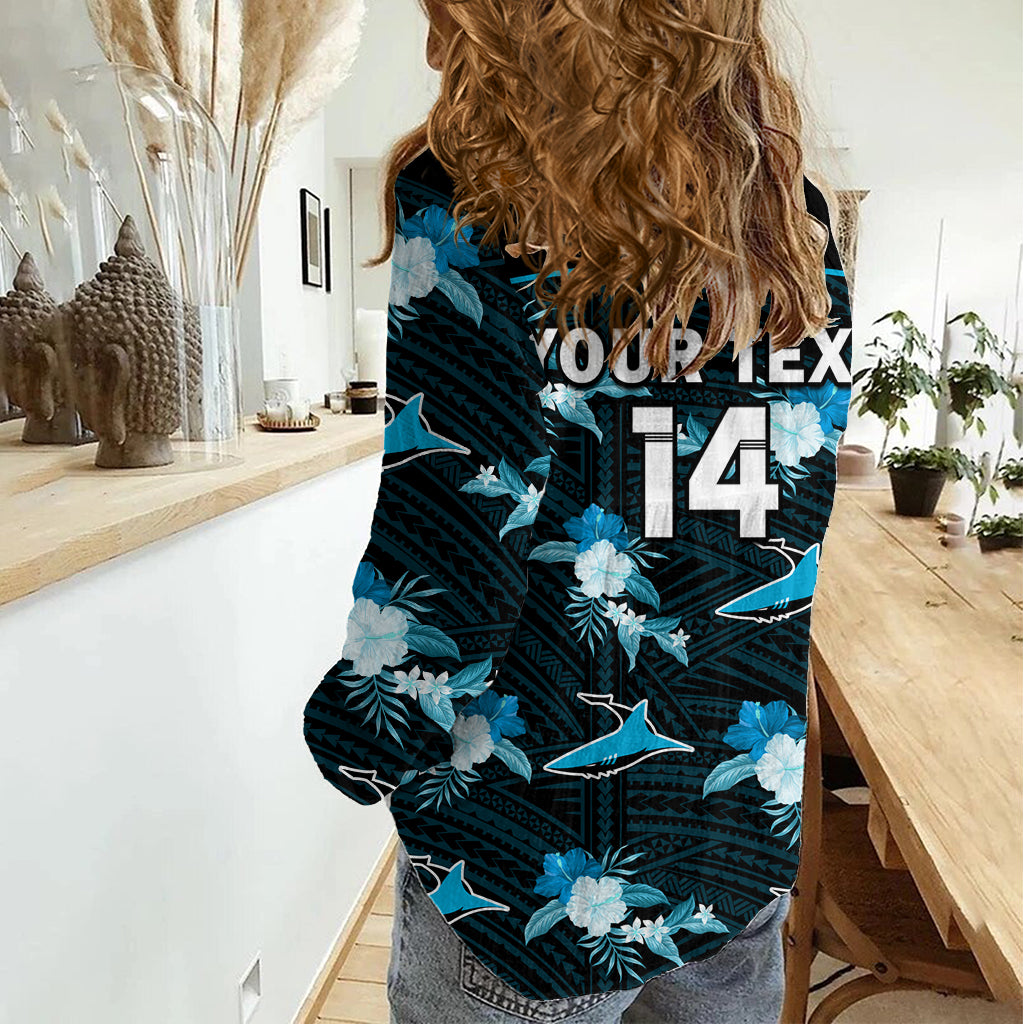 (Custom Text And Number) Sharks Rugby Women Casual Shirt Polynesian Tribal Mix Tropical Hawaiian Style - Vibe Hoodie Shop