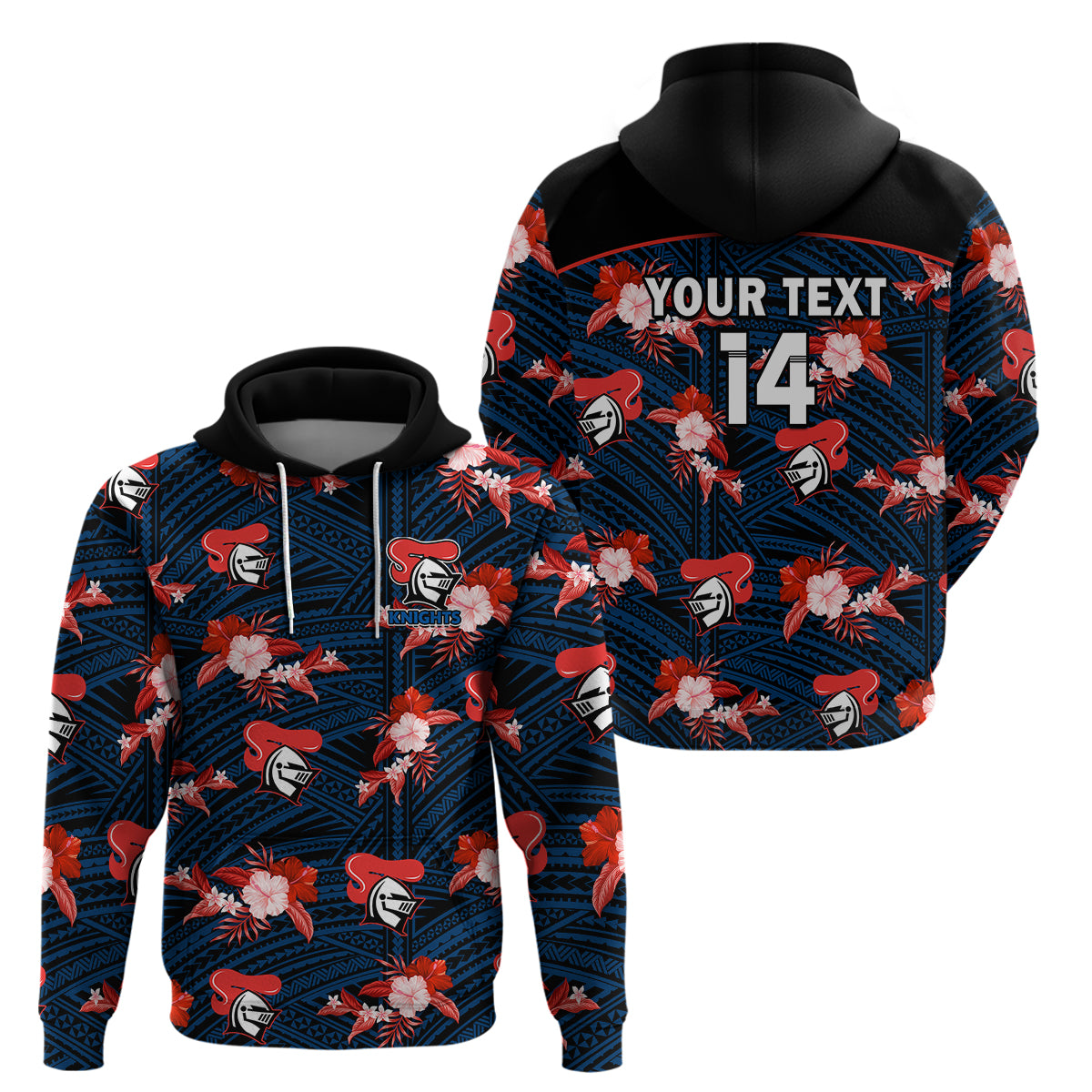 (Custom Text And Number) Newcastle Knights Rugby Hoodie Polynesian Tribal Mix Tropical Hawaiian Style - Vibe Hoodie Shop