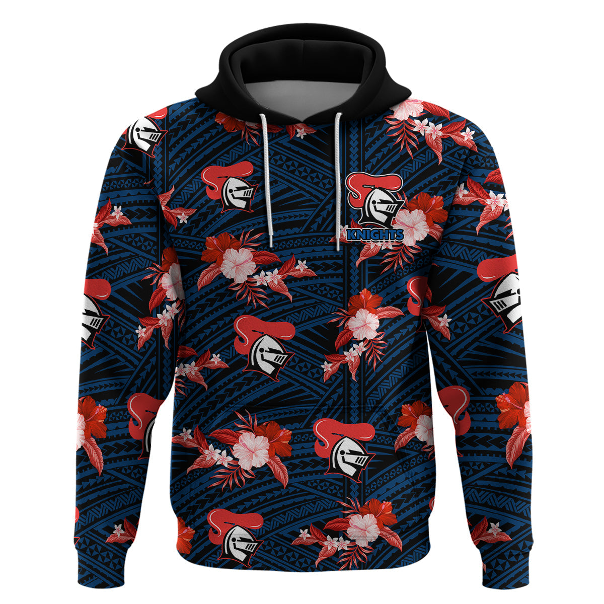 (Custom Text And Number) Newcastle Knights Rugby Hoodie Polynesian Tribal Mix Tropical Hawaiian Style - Vibe Hoodie Shop