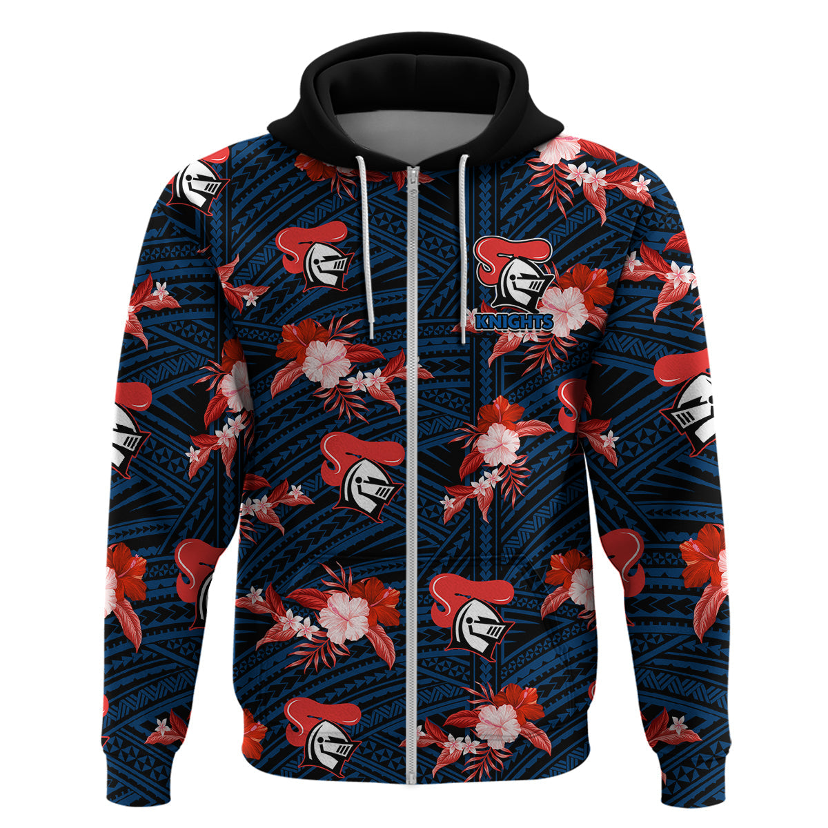 (Custom Text And Number) Newcastle Knights Rugby Hoodie Polynesian Tribal Mix Tropical Hawaiian Style - Vibe Hoodie Shop