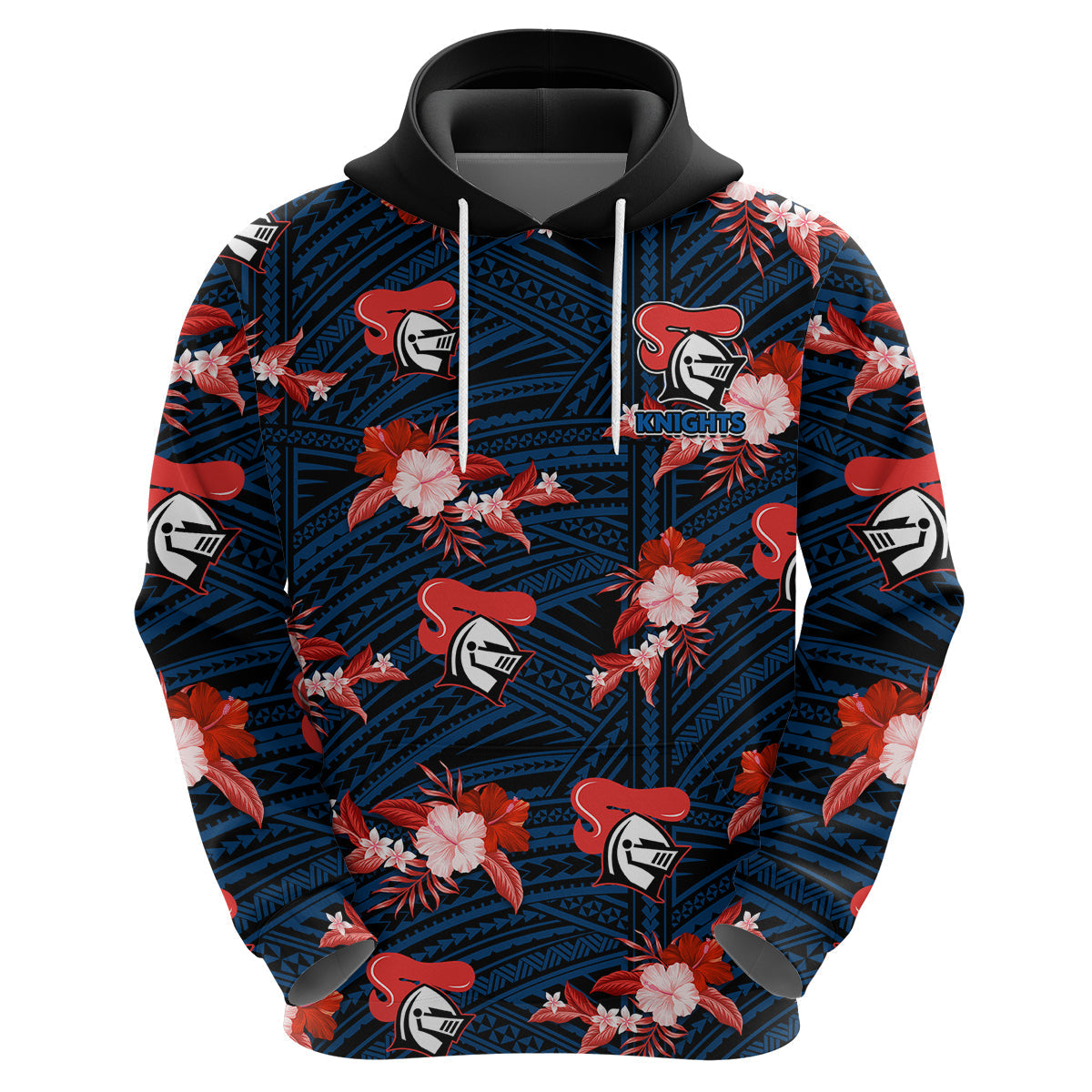 (Custom Text And Number) Newcastle Knights Rugby Hoodie Polynesian Tribal Mix Tropical Hawaiian Style - Vibe Hoodie Shop