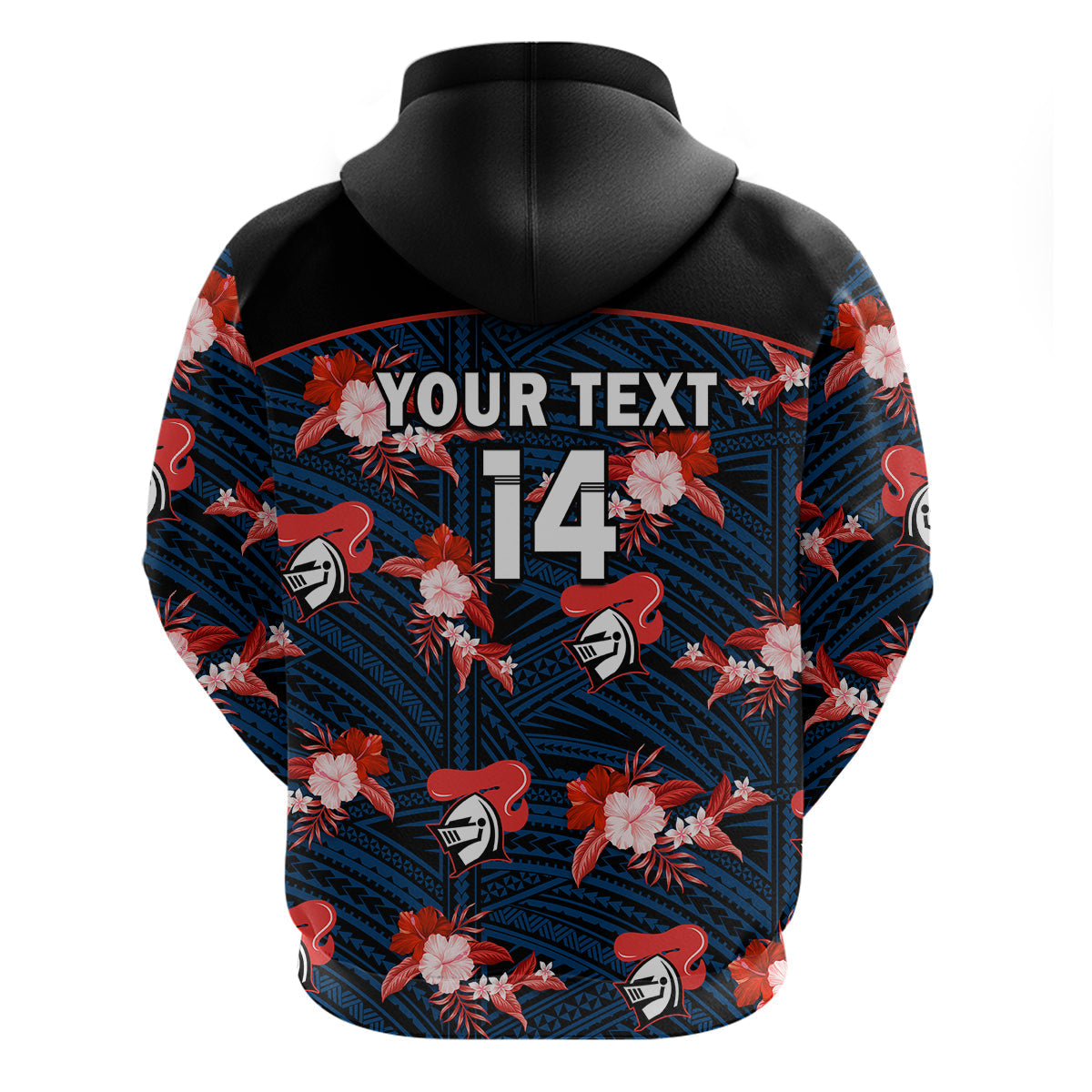 (Custom Text And Number) Newcastle Knights Rugby Hoodie Polynesian Tribal Mix Tropical Hawaiian Style - Vibe Hoodie Shop