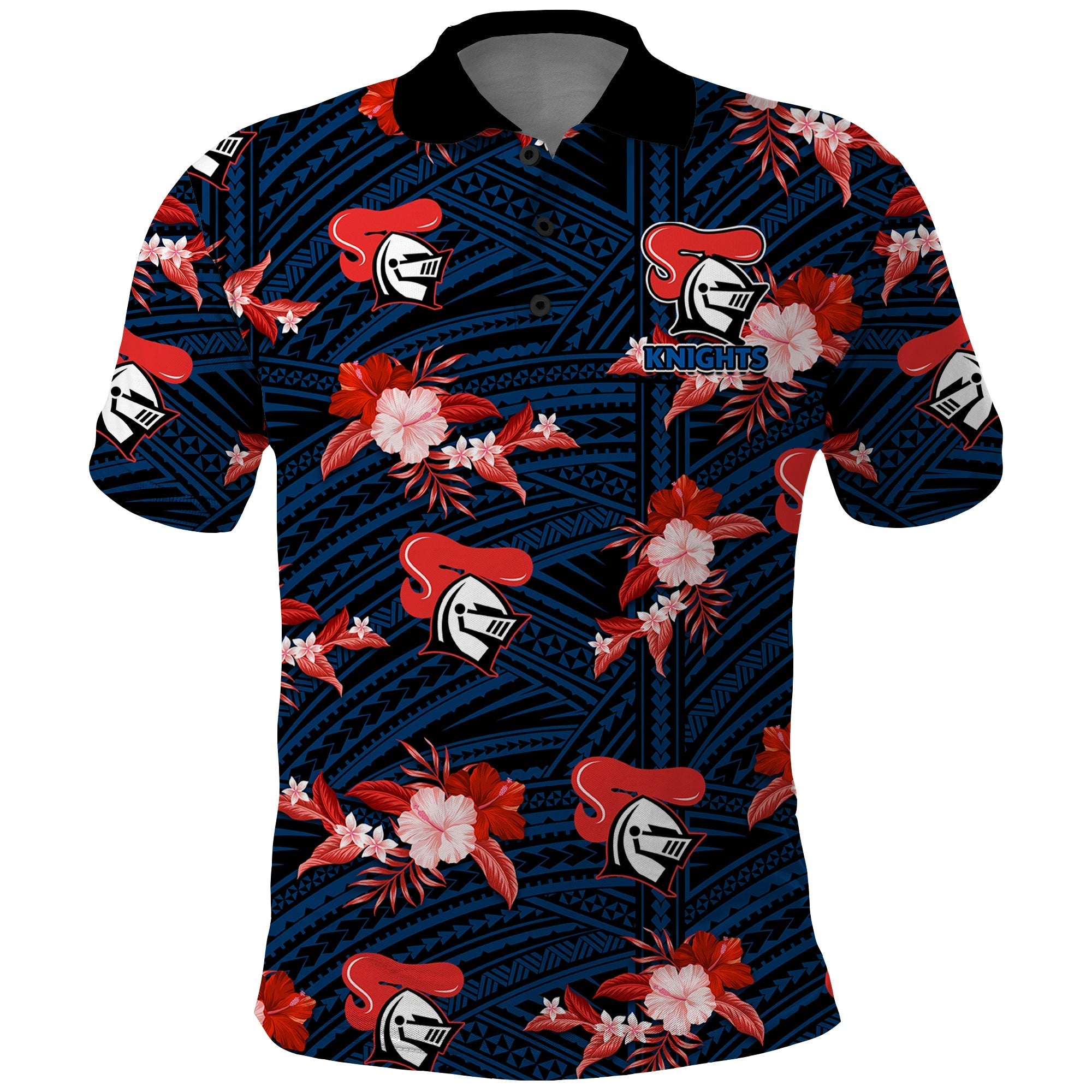 (Custom Text And Number) Newcastle Knights Rugby Polo Shirt Polynesian Tribal Mix Tropical Hawaiian Style - Vibe Hoodie Shop