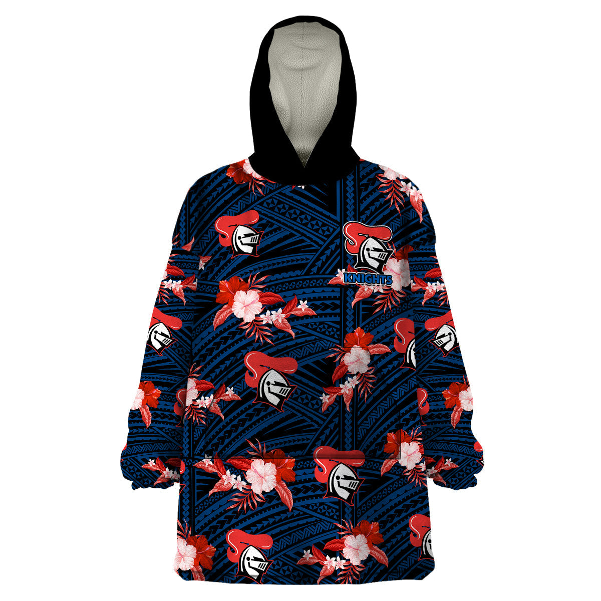 (Custom Text And Number) Newcastle Knights Rugby Wearable Blanket Hoodie Polynesian Tribal Mix Tropical Hawaiian Style - Vibe Hoodie Shop