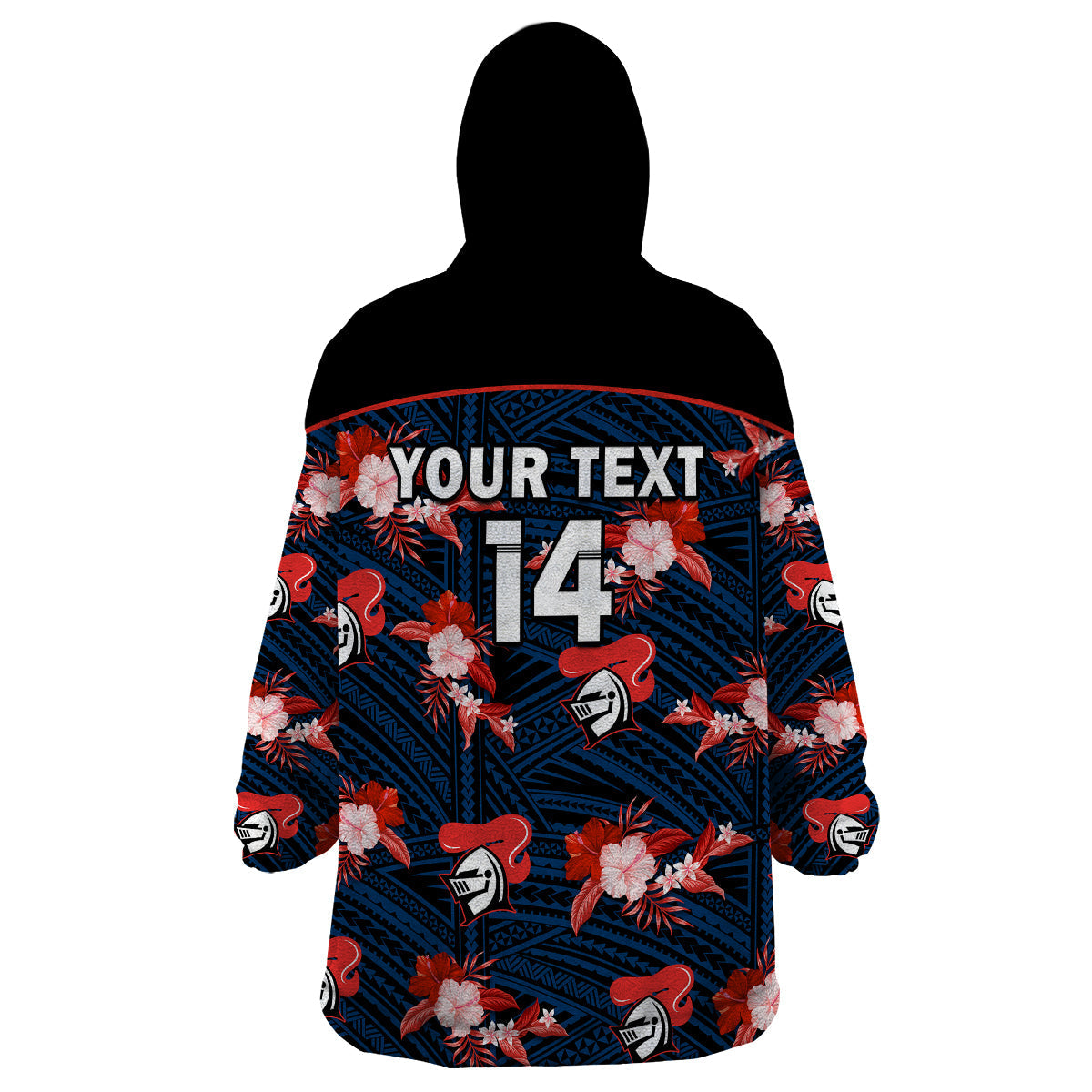 (Custom Text And Number) Newcastle Knights Rugby Wearable Blanket Hoodie Polynesian Tribal Mix Tropical Hawaiian Style - Vibe Hoodie Shop