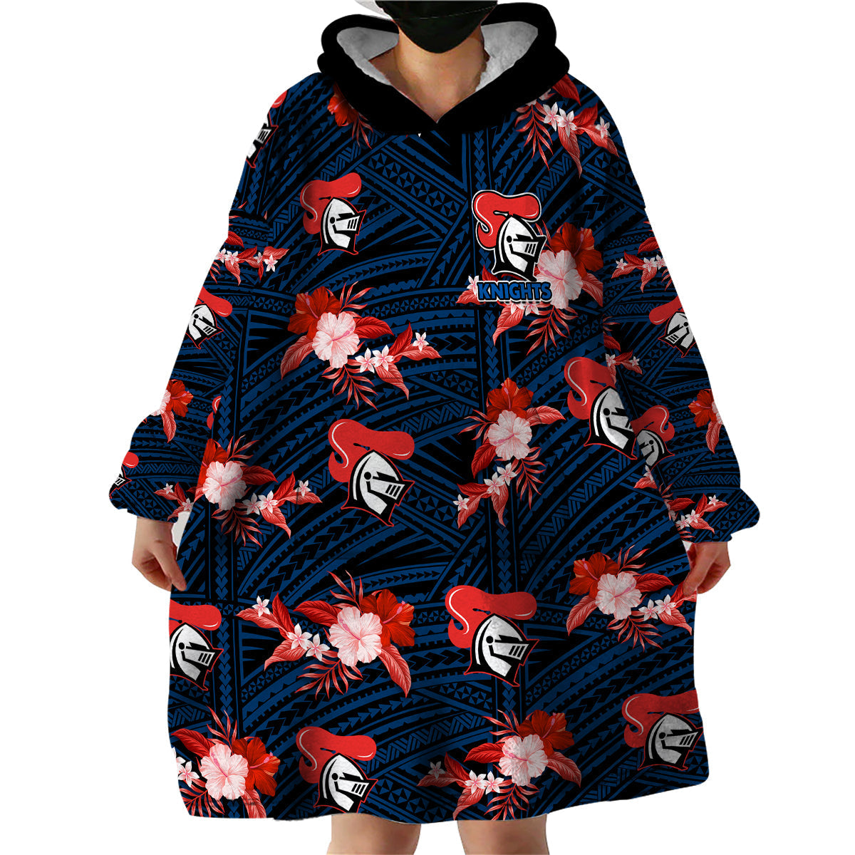 (Custom Text And Number) Newcastle Knights Rugby Wearable Blanket Hoodie Polynesian Tribal Mix Tropical Hawaiian Style - Vibe Hoodie Shop