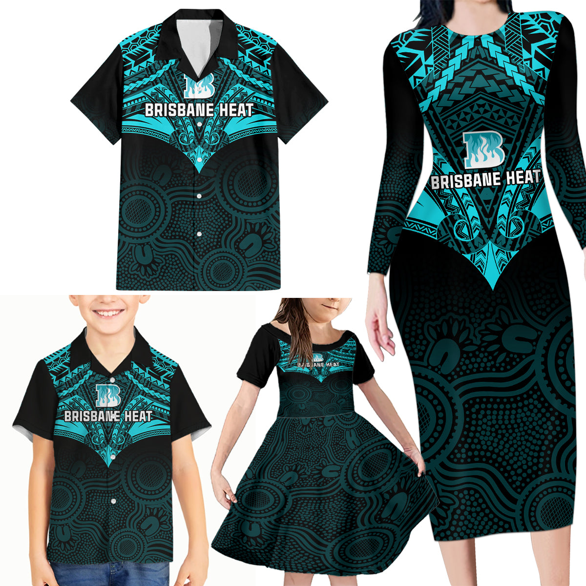 brisbane-heat-cricket-family-matching-long-sleeve-bodycon-dress-and-hawaiian-shirt-2023-unique-indigenous-art-mix-polynesian-pattern